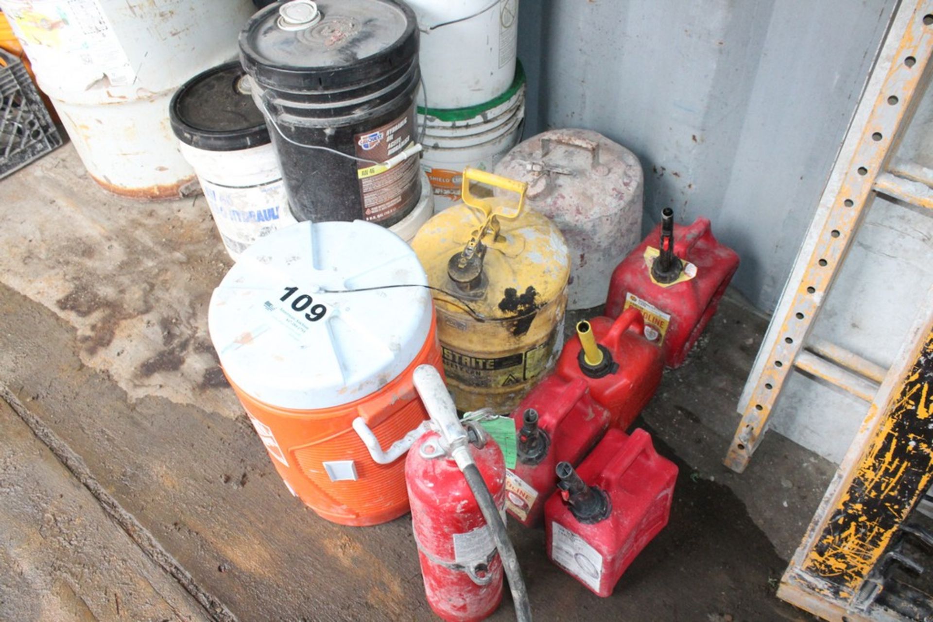 ASSORTED GAS CANS, FIRE EXTINGUISHERS, AND COOLER