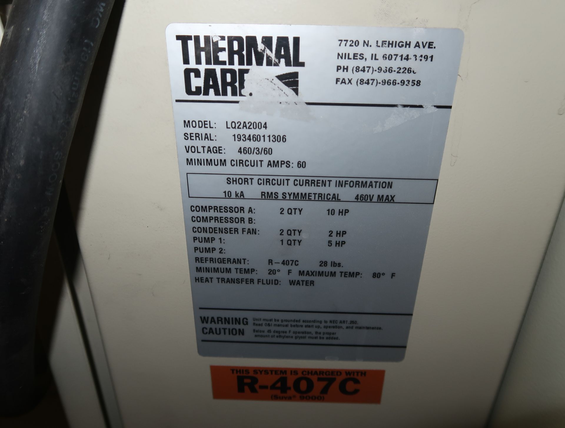 THERMAL CARE ACCUCHILLER, 20-TON PORTABALE CIRCULATION CHILLER, MDL. LQ2A2004 SN. 19346011306, 460V, - Image 3 of 3