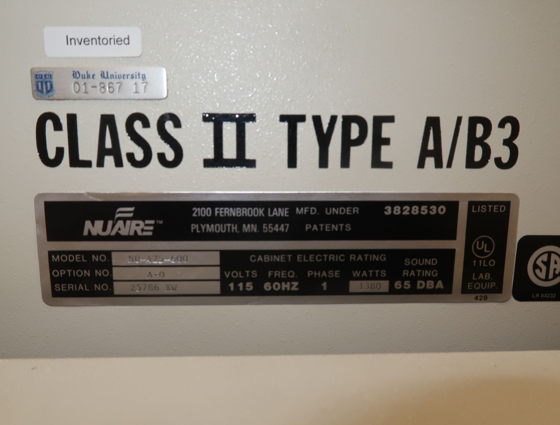 NUAIR MDL. MU-425-600 CLASS II TYPE A/B3 LAB SAFETY FUME HOOD W/STAND - Image 2 of 2