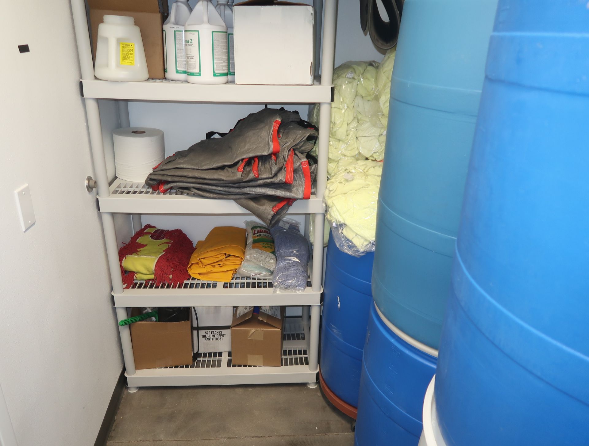 LOT HOSE REEL, PLASTIC DRUMS, RAGS, DUST MOP, CLEANING SUPPLIES, ETC. - Image 2 of 2