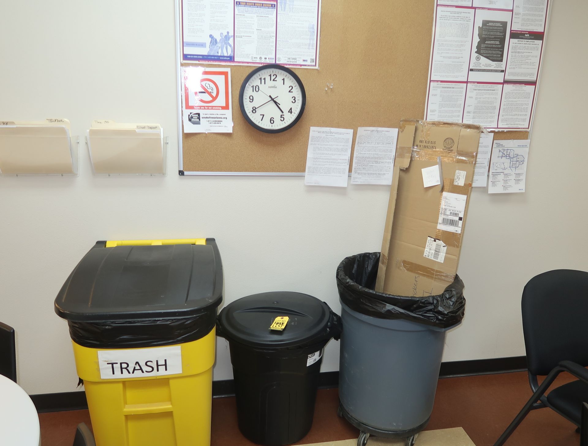 LOT (3) TRASH CANS, BULLETIN BOARD