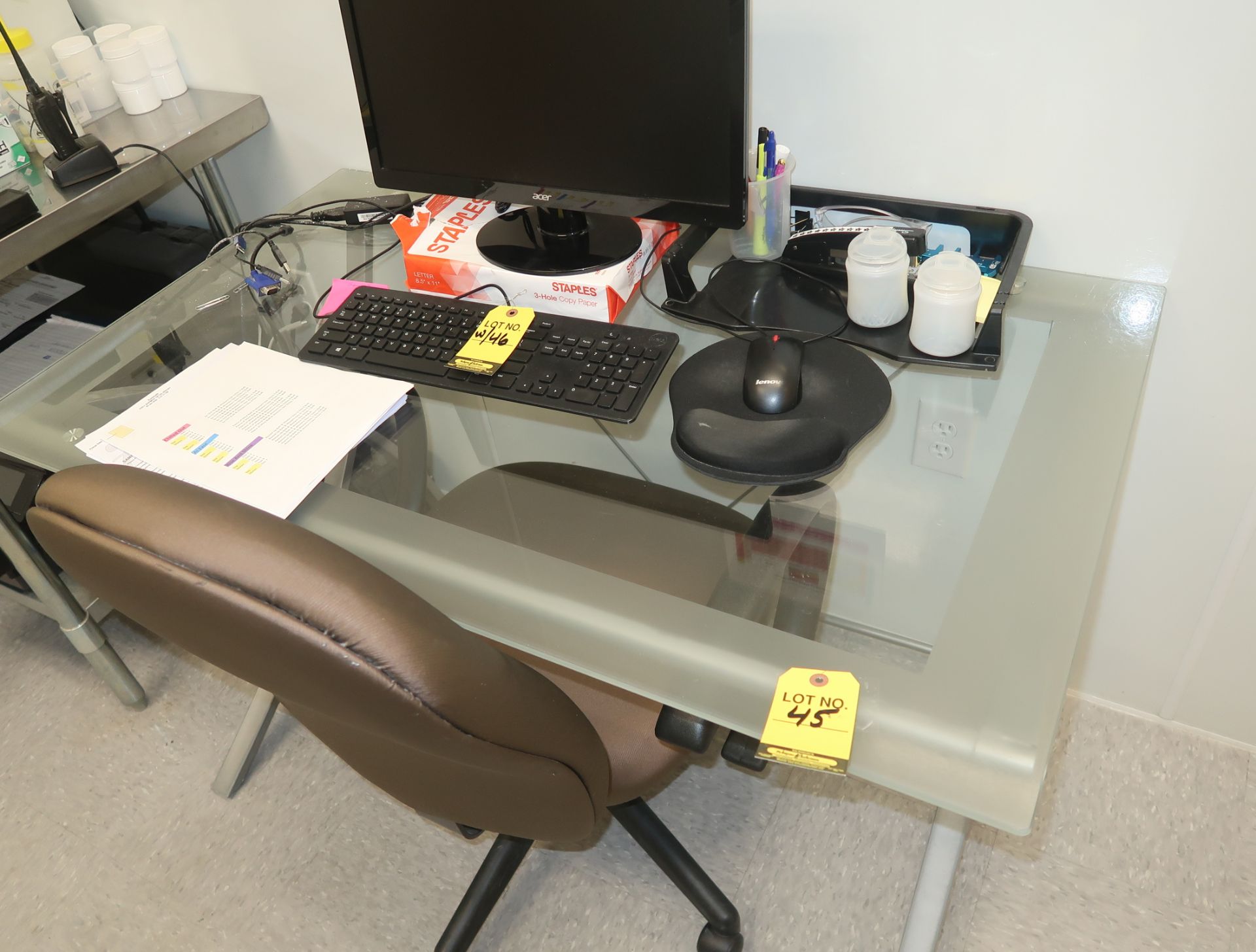 LOT GLASS DESK, BOOK SHELF, FILE CABINET & CHAIR