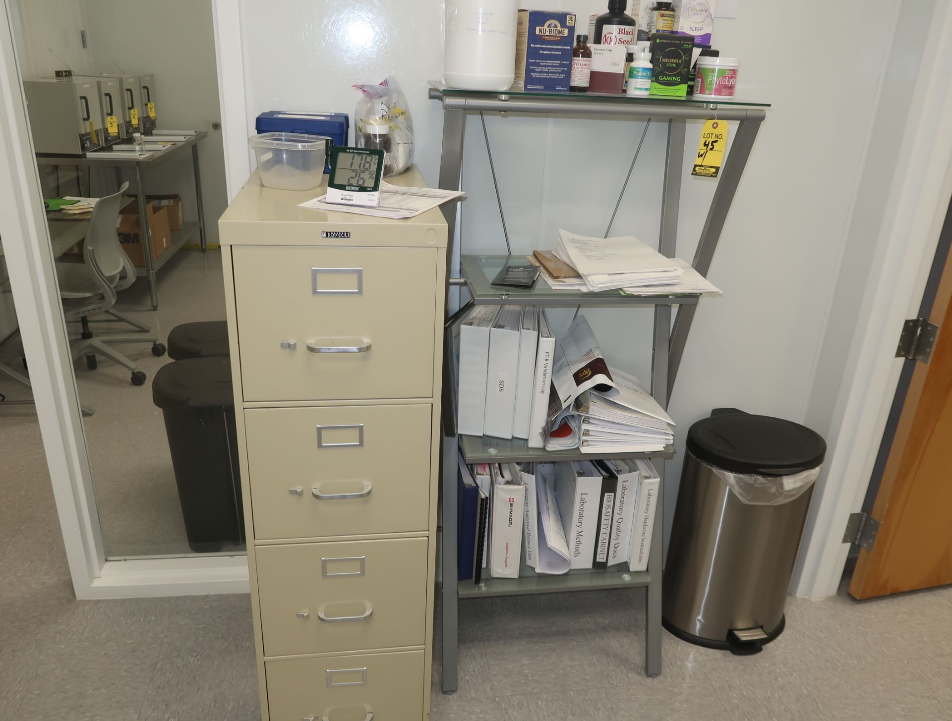 LOT GLASS DESK, BOOK SHELF, FILE CABINET & CHAIR - Image 2 of 2