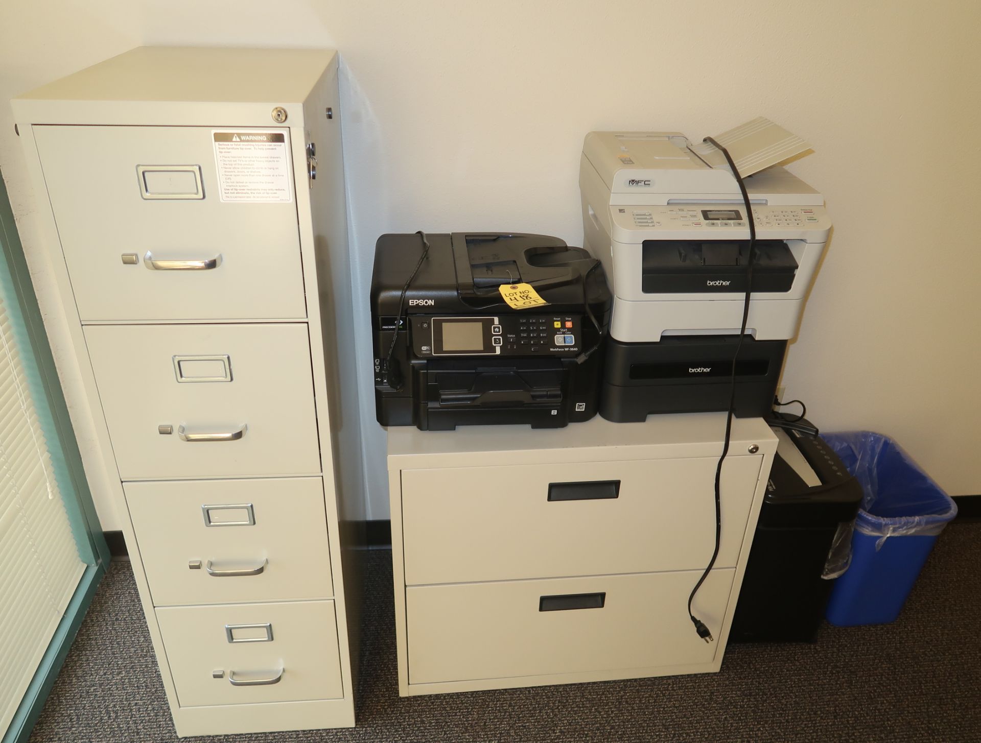 LOT PRINTERS, SHREDDER, FILING CABINETS