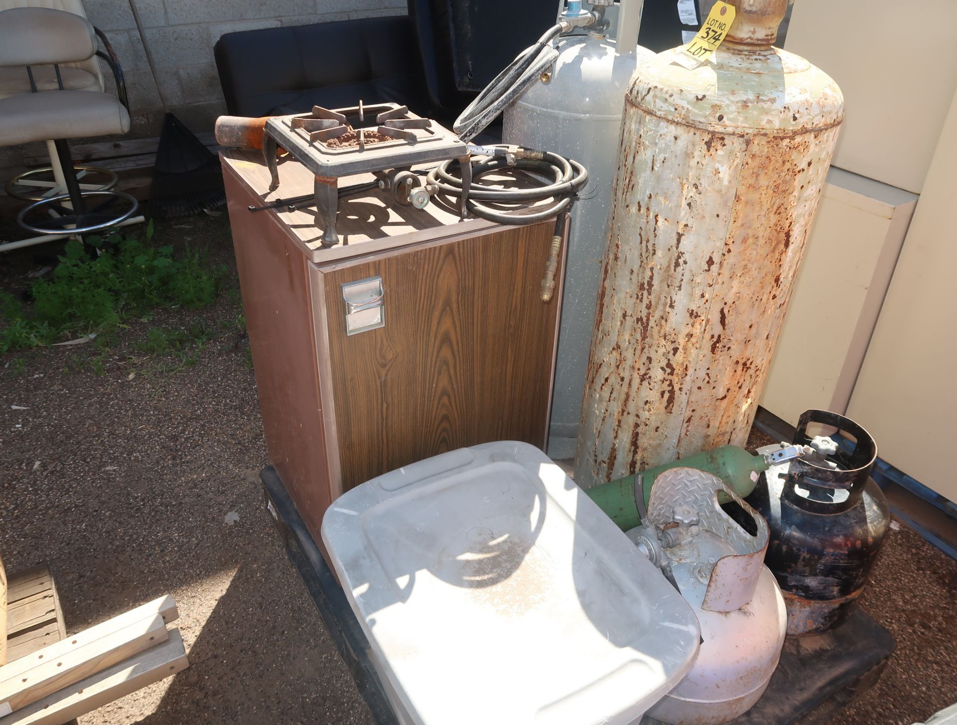 LOT PROPANE TANKS, REFRIGERATOR, ETC.