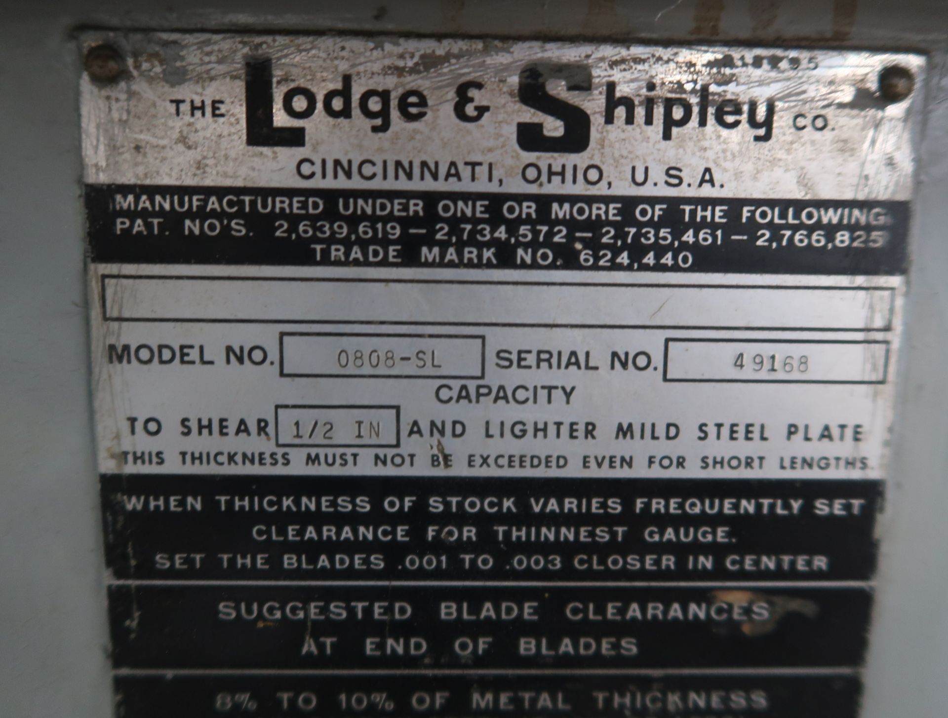 LODGE & SHIPLEY 8' X 1/2" SHEAR, MDL. 6808-SL, F.O.P.B.G.,SN. 49168 - Image 3 of 5
