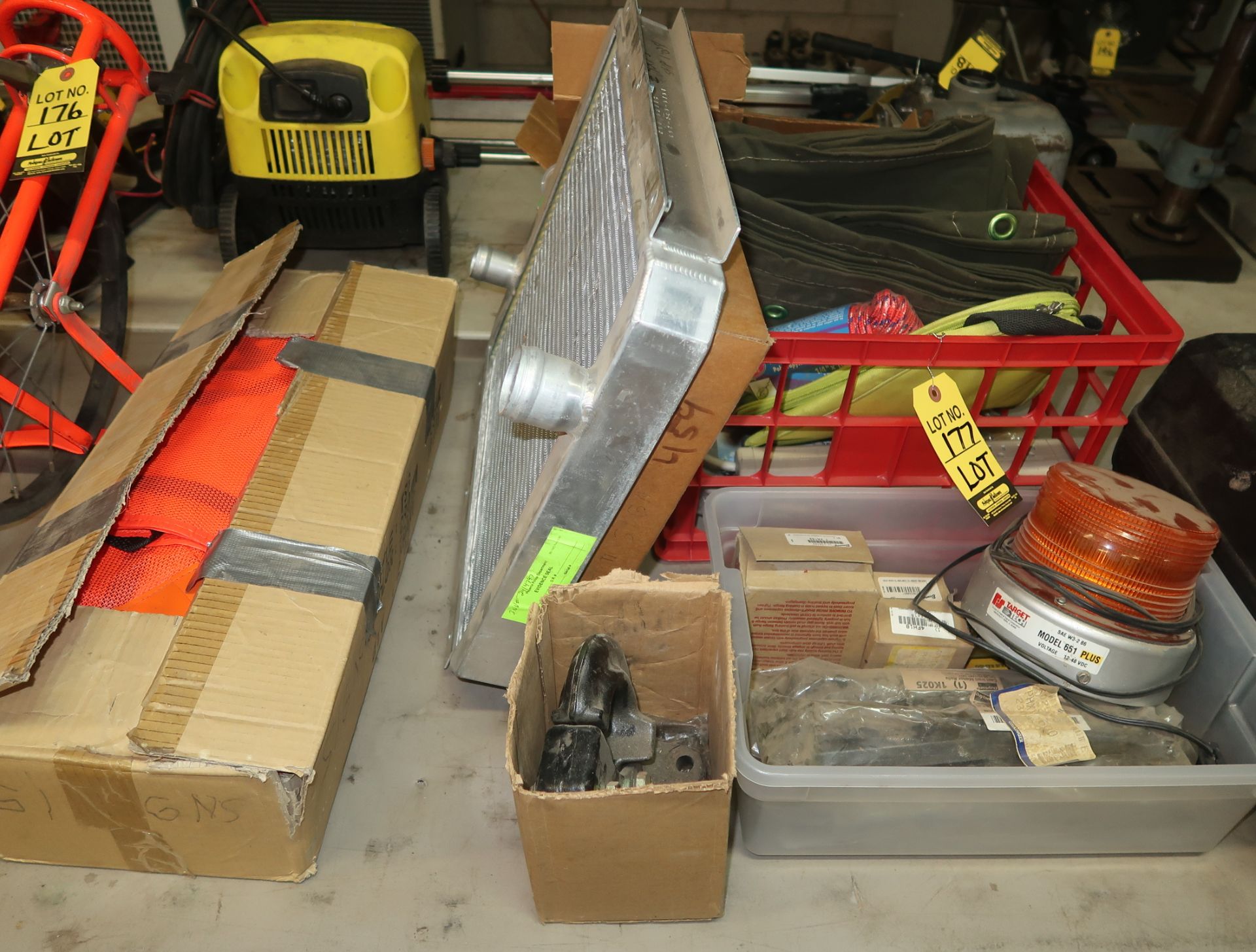 LOT RADIATOR, CAUTION LIGHT, CAST IRON MOTOR RAILS, ETC.