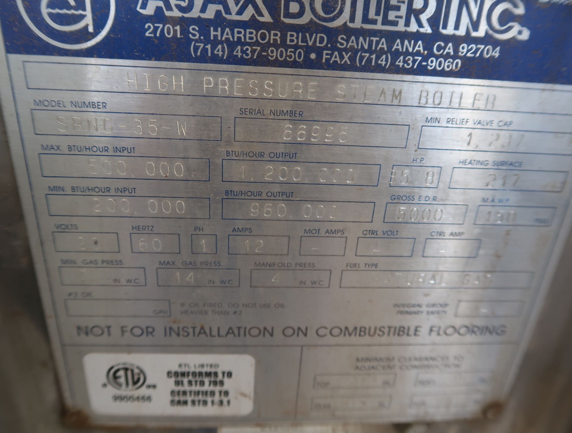 AJAX HIGH PRESSURE STEAM BOILER MDL. SRNG-35W 35HP BOILER (NATURAL GAS) - Image 2 of 2