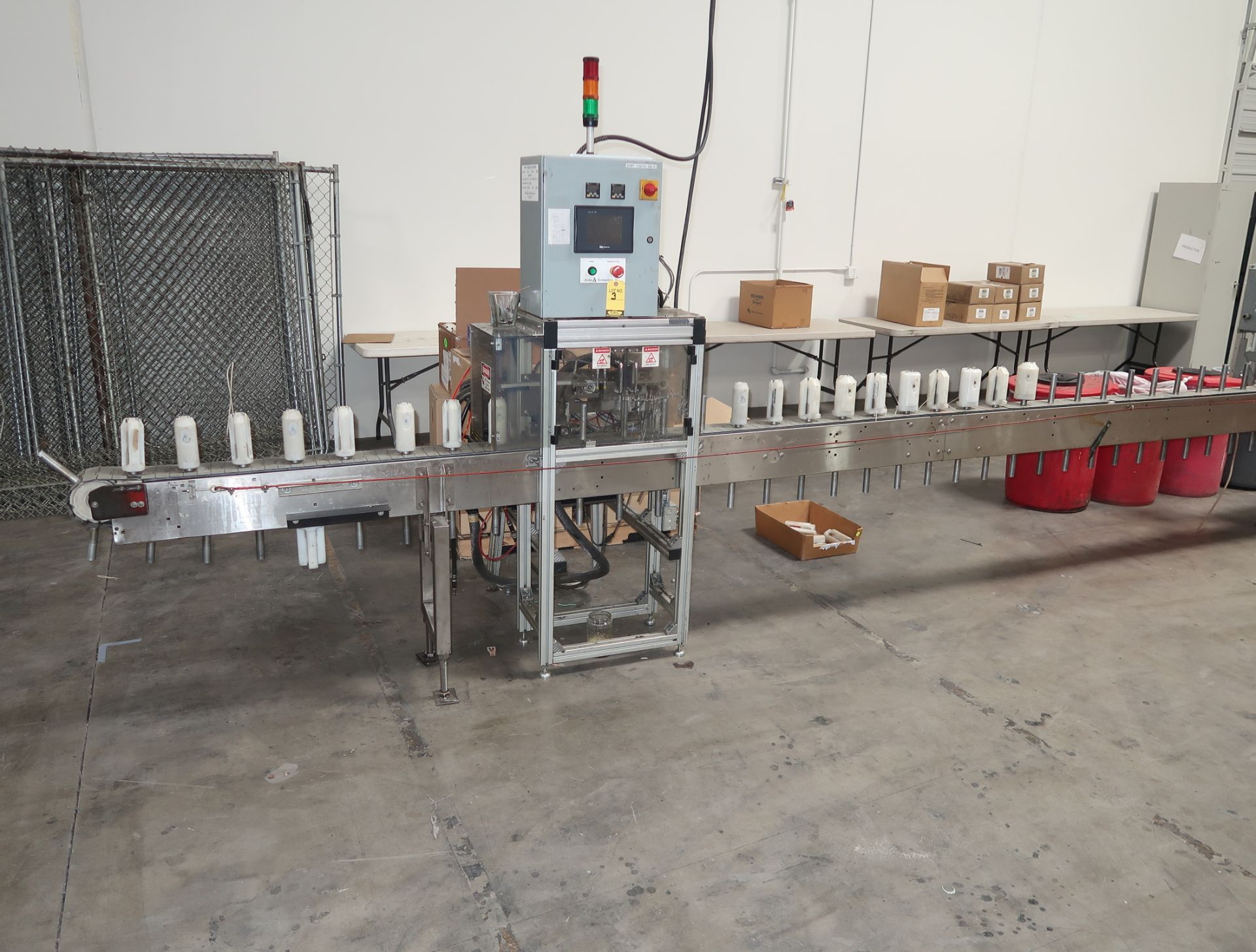 AUTOMATIC WICK GLUING LINE, 20' CONVEYOR W/DELTA AUTOMATIC HOT GLUE DISPENSER