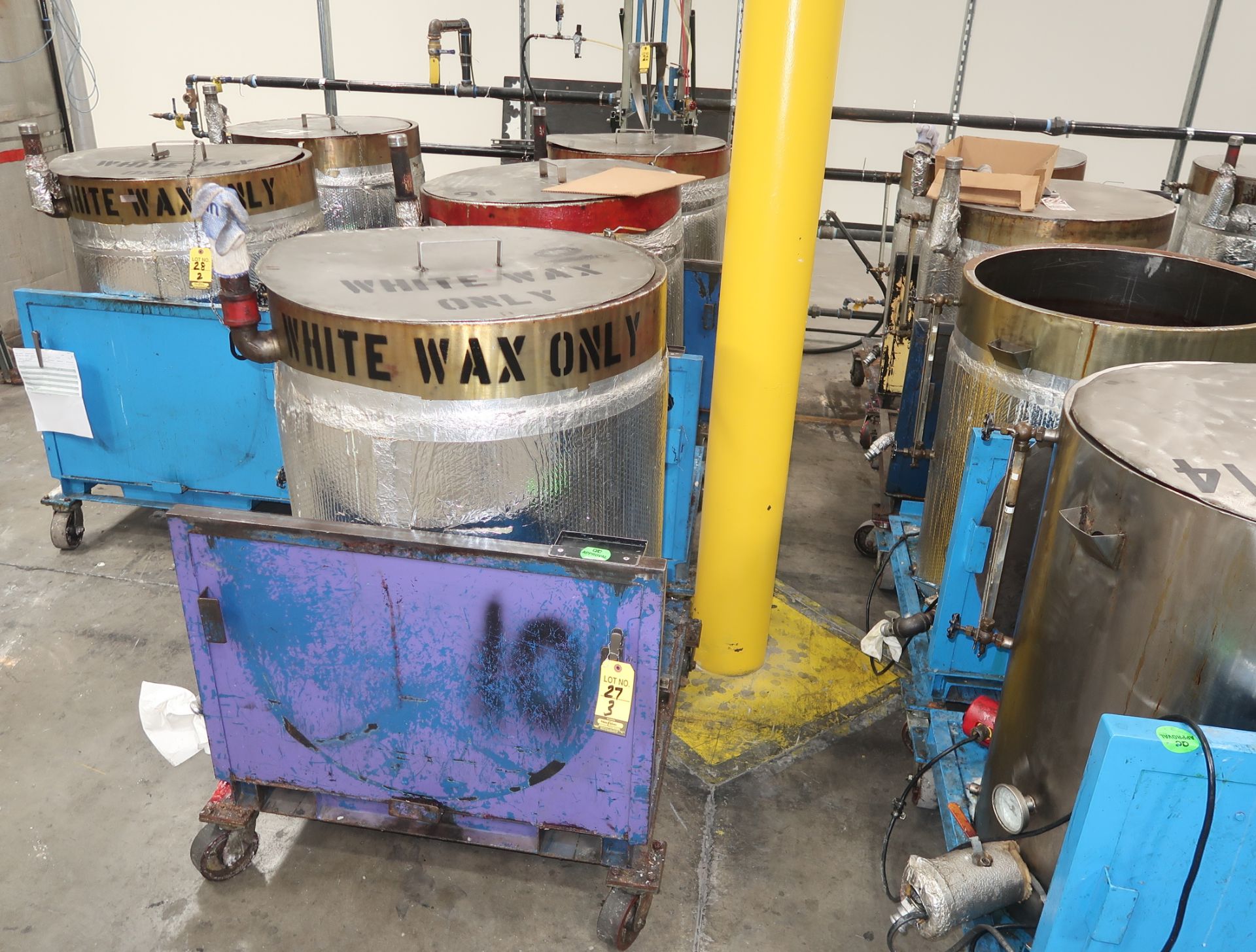 MOLTEN WAX TRANSFER CARTS W/STEAM JACKETED MIXING TANKS, 450LB CAPACITY