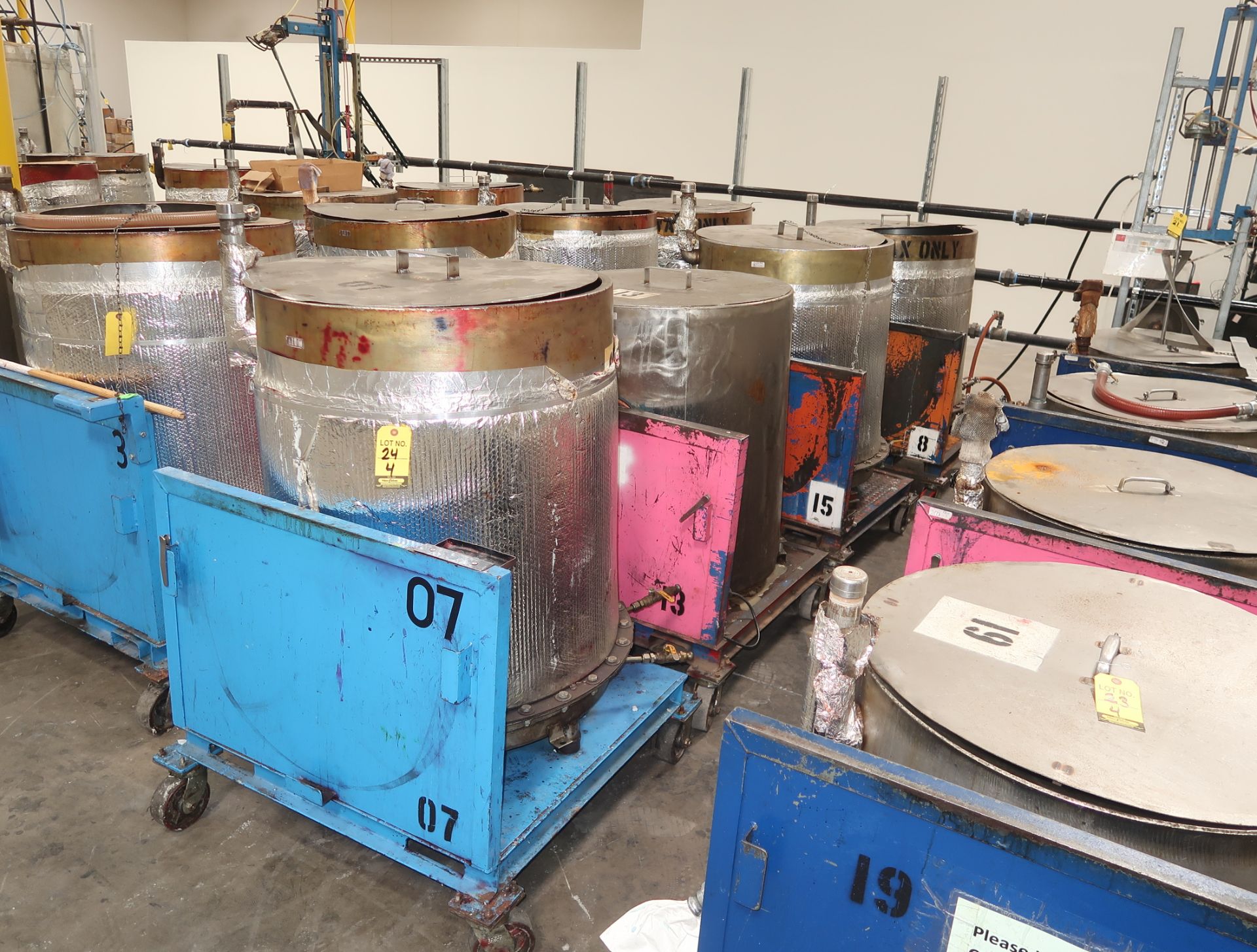 MOLTEN WAX TRANSFER CARTS W/STEAM JACKETED MIXING TANKS, 450LB CAPACITY