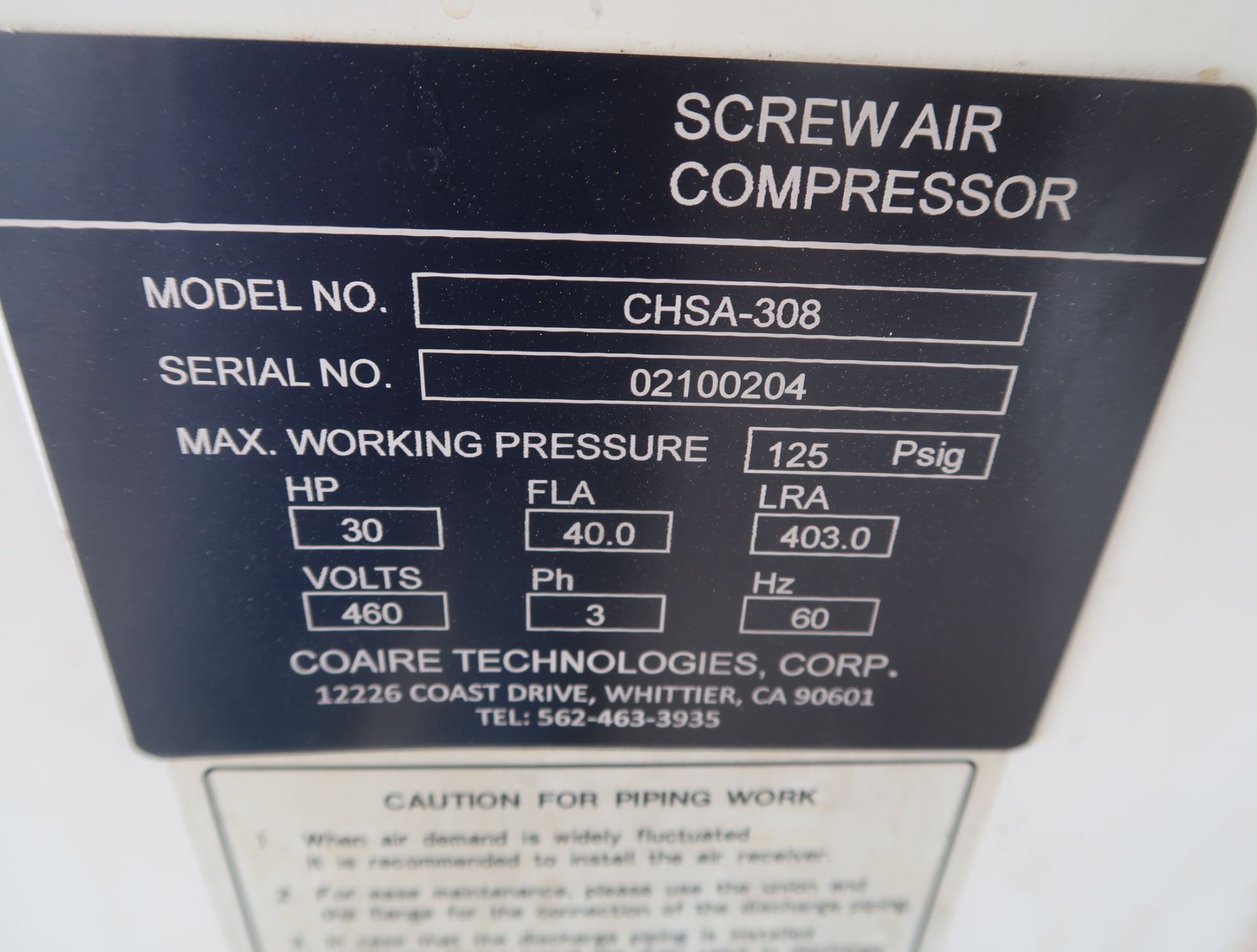 COAIRE MDL. CHSA-308 30HP ROTARY SCREW AIR COMPRESSOR, 460V 3PH - Image 2 of 2