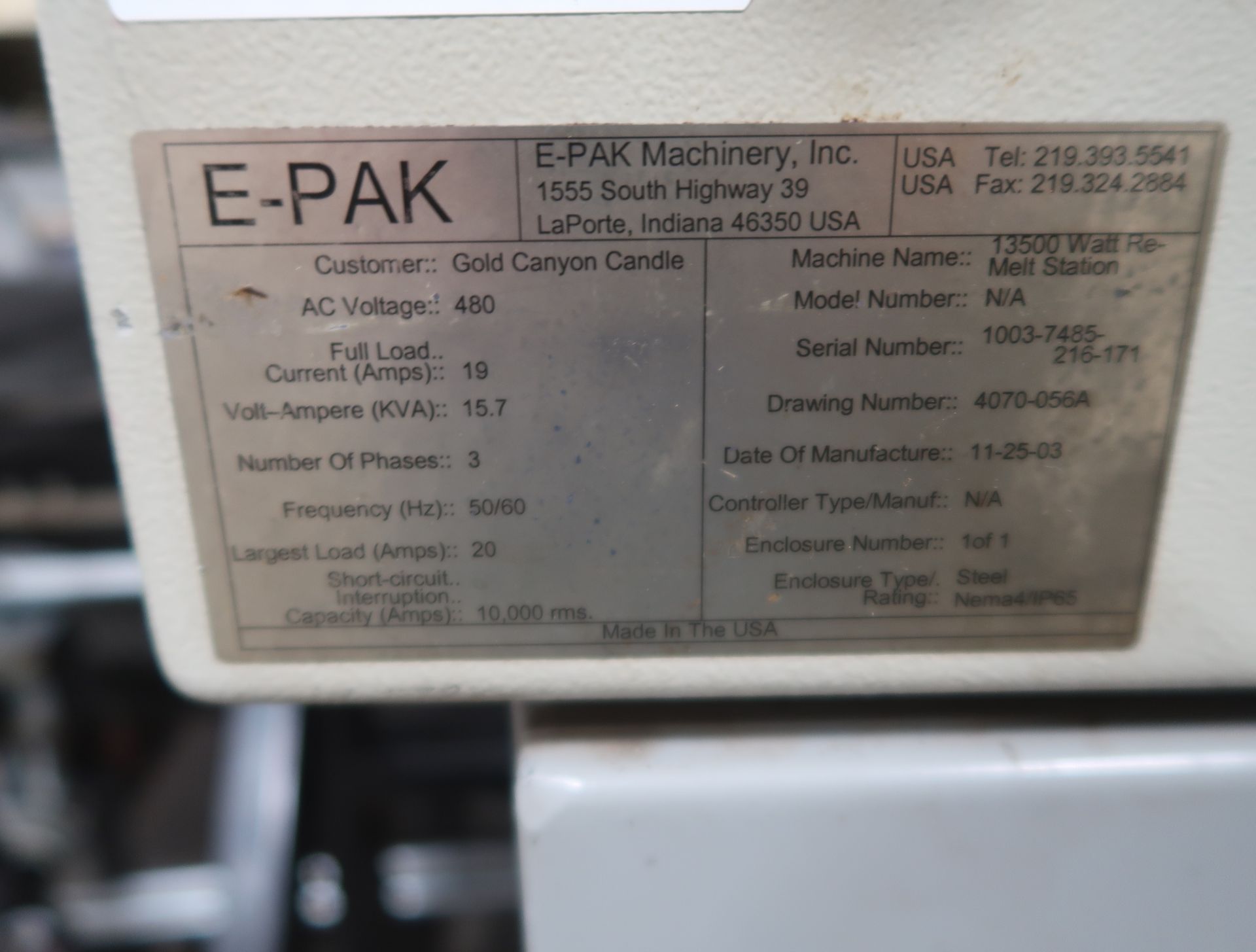 CANDLE LINE 3 COMPLETE. BATCH PUMP, EPAK 480V 3PH 13,500W PRE-HEAT STATION, EPAK 12-HEAD MOLTEN - Image 5 of 19