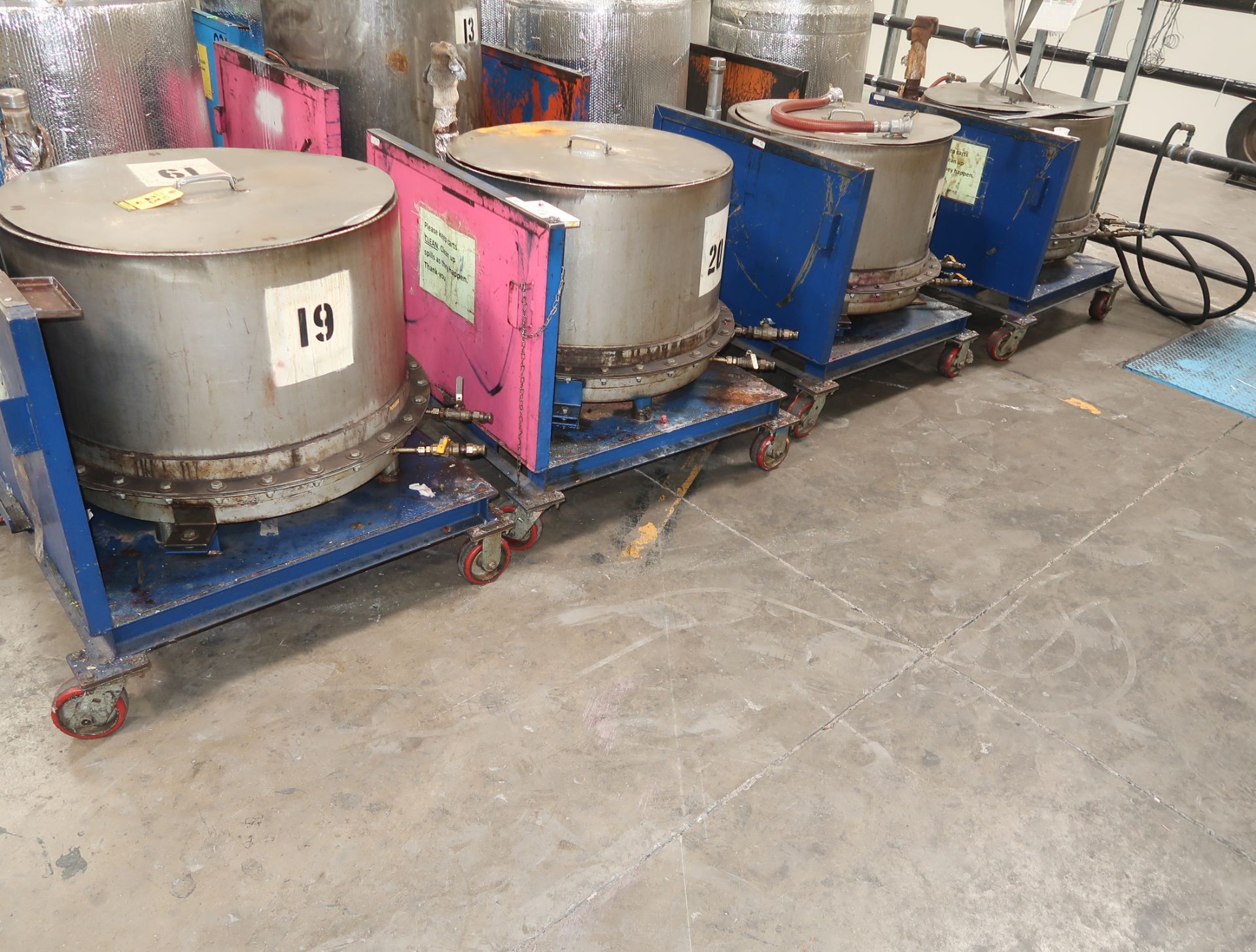 MOLTEN WAX TRANSFER CARTS W/STEAM JACKETED MIXING TANKS, 200LB CAPACITY