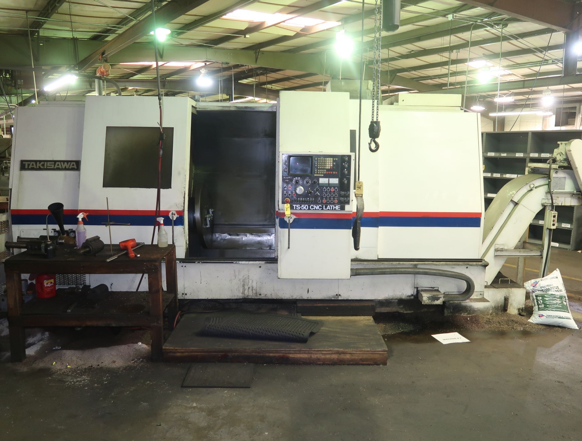 TAKISAWA TS-50 CNC LATHE, FANUC 16T CONTROL, CHIP CONVEYOR, 220V 3PH, SN. TDS-1