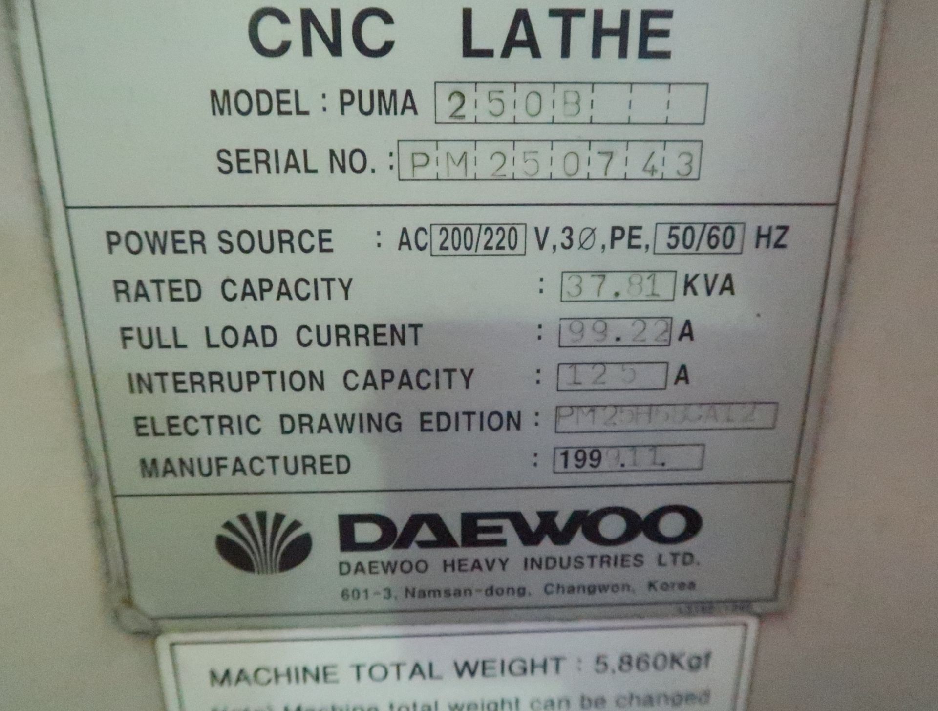 1999 DAEWOO PUMA 250B CNC LATHE, FANUC 21T CONTROL, 12-STATION TURRET, TAIL STOCK, 3-JAW CHUCK, - Image 8 of 8