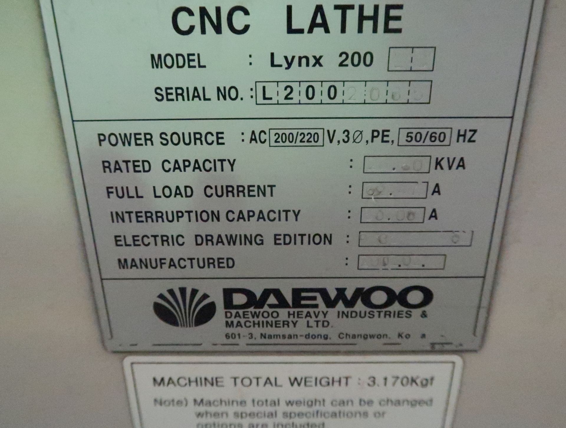 2001 DAEWOO LYNX 200LC CNC LATHE, 12-STATION TURRET, TAIL STOCK, FANUC 21iT CONTROL, 3-JAW CHUCK, - Image 5 of 5