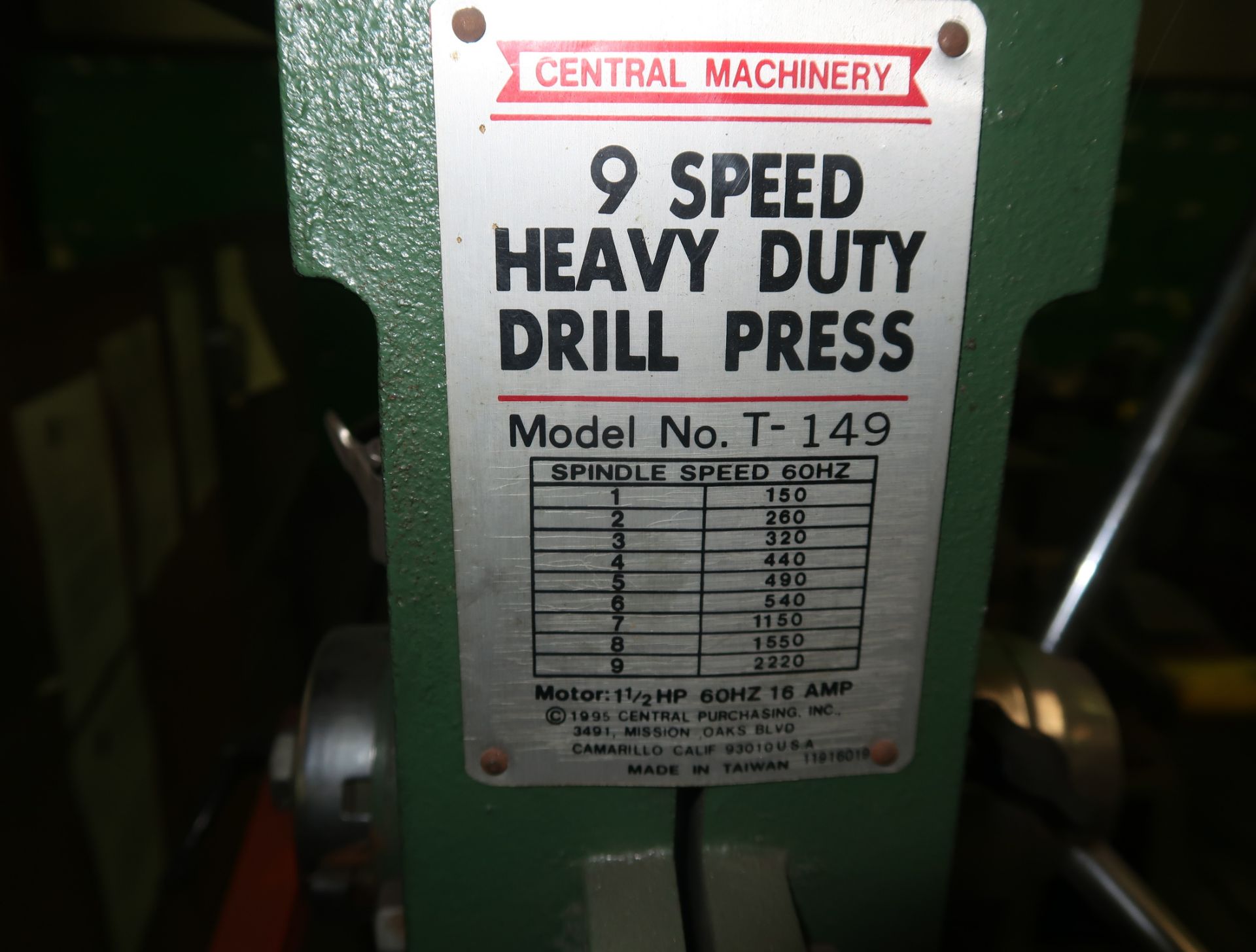 CENTRAL MACHINERY 9-SPEED DRILL H.D. DRILL PRESS, MDL. T-149, CHUCK, 120V, 1.5HP - Image 2 of 2