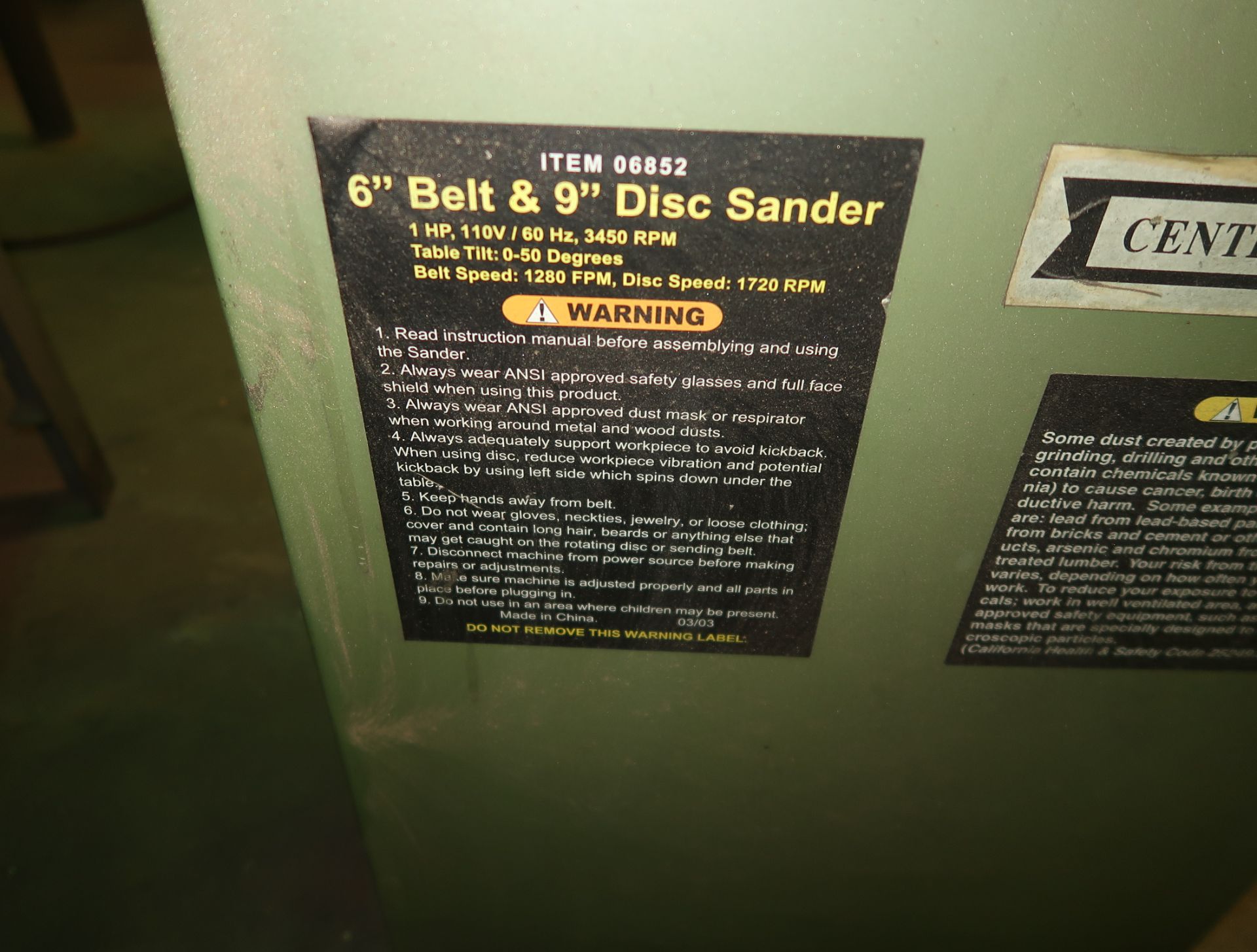 CENTRAL MACHINERY BELT & DISC SANDER, 6" X 48" BELT, 9" DISC - Image 2 of 2