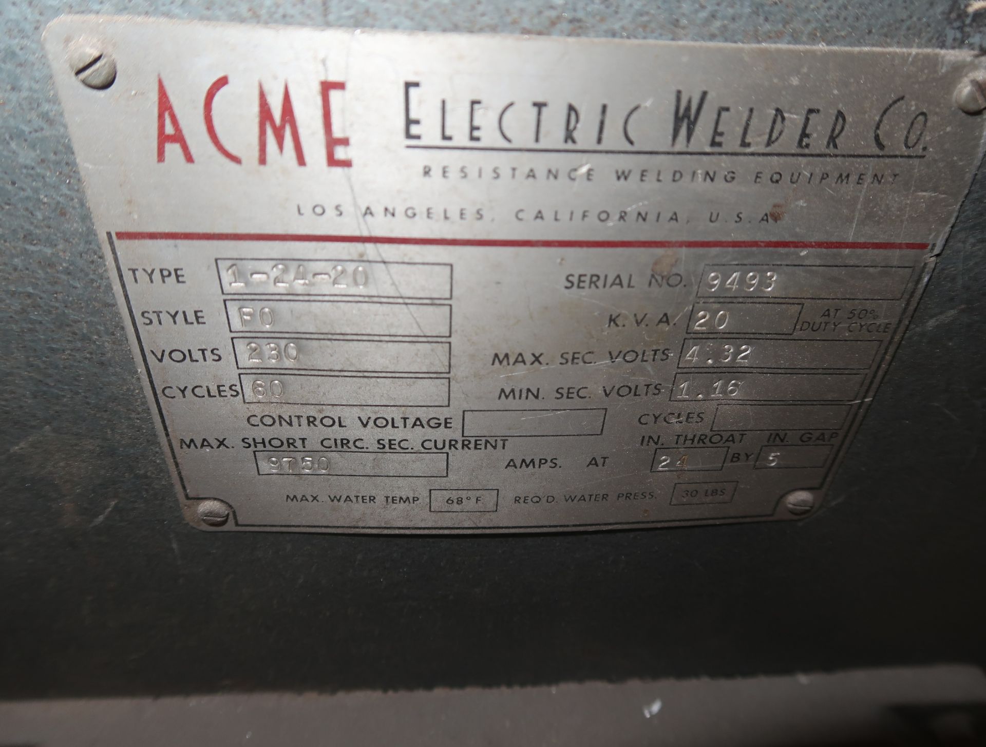 ACME HOT SPOT WELD MDL. 1-24-20 SN. 9493 - Image 2 of 2