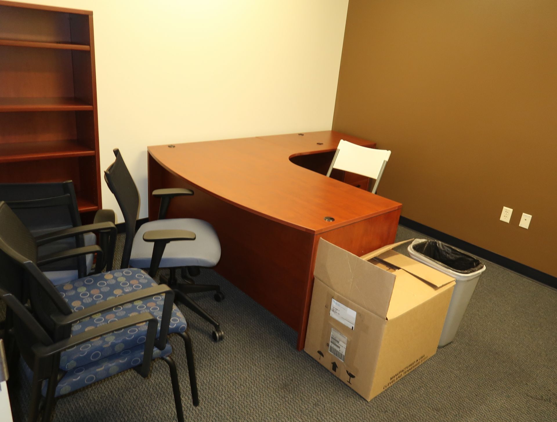 LOT OFFICE FURNITURE, L-SHAPED DESK, BOOK CASE, FILE CABINET, 5-CHAIRS