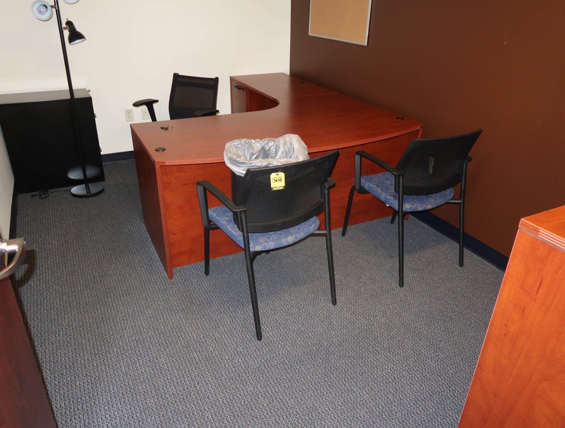 LOT OFFICE FURNITURE, L-SHAPED DESK, BOOK CASE, 3-CHAIRS, FILE CABINET