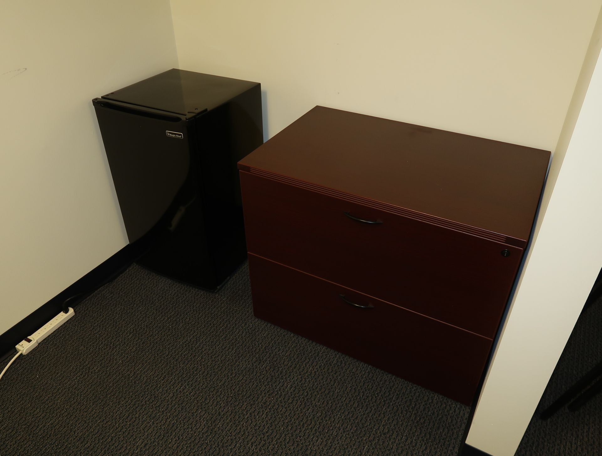 LOT OFFICE FURNITURE, U-SHAPED DESK, (2) 2-DRAWER FILE BOOK CASE, MAGIC CHEF OFFICE REFRIGERATOR, - Image 2 of 2