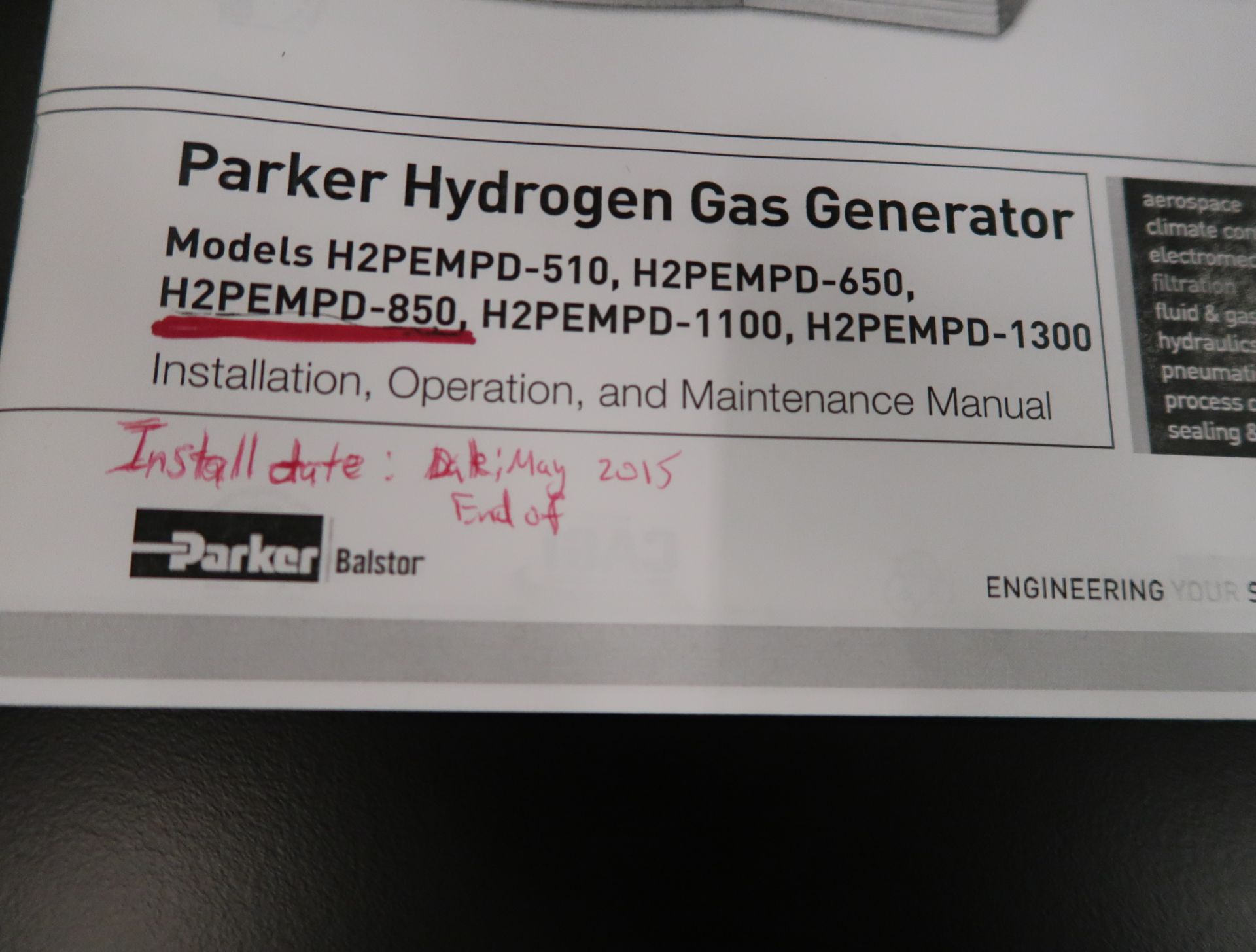 PARKER BALSTON HYDROGEN GAS GENERATOR MDL. H2PEMPD-850 - Image 2 of 3