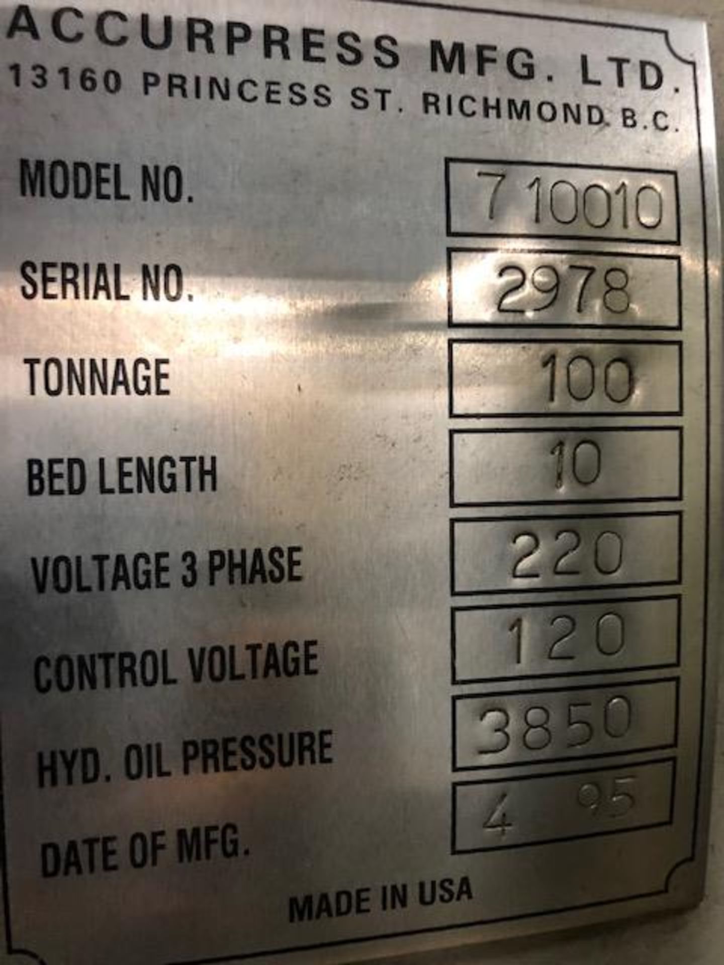 ACCURPRESS 10' X 100TON CNC PRESS BRAKE, MDL. 710010 SN. 2978, 220V 3PH - Image 5 of 6