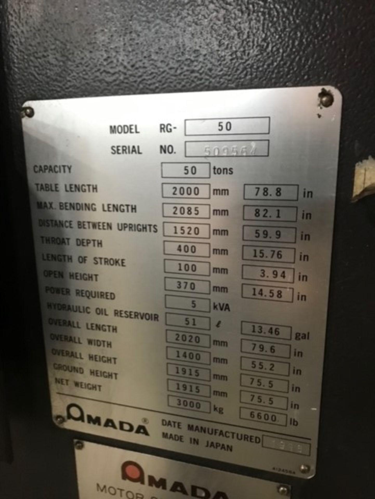 1998 AMADA MDL. RG-50 CNC 50-TON PRESS BRAKE, SN. 509564 (LOCATED AT C&M RIGGING, 1821 E. JACKSON - Image 7 of 9