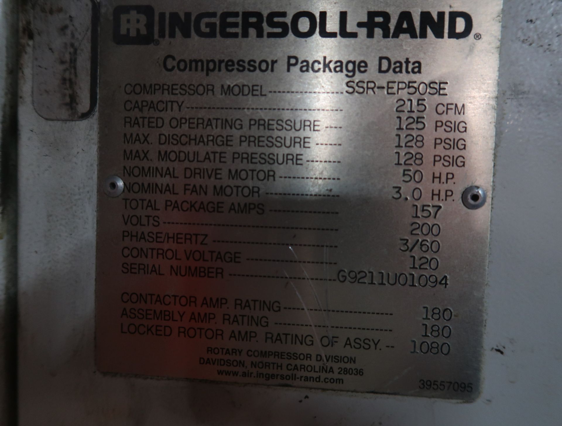 INGERSOLL RAND 50HP ROTARY SCREW AIR COMPRESSOR, MDL. SSR-EP50SE SN. G9211U01094 - Image 2 of 3