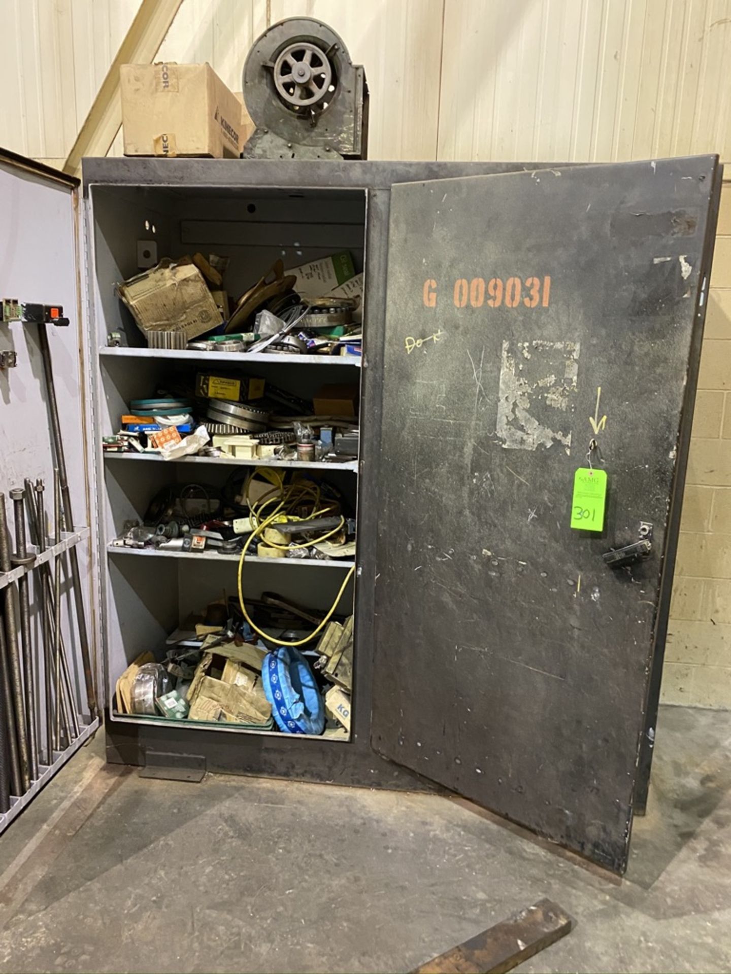 large 2 door steel cabinet with contents, bearings, seals, gears, threaded rod and more