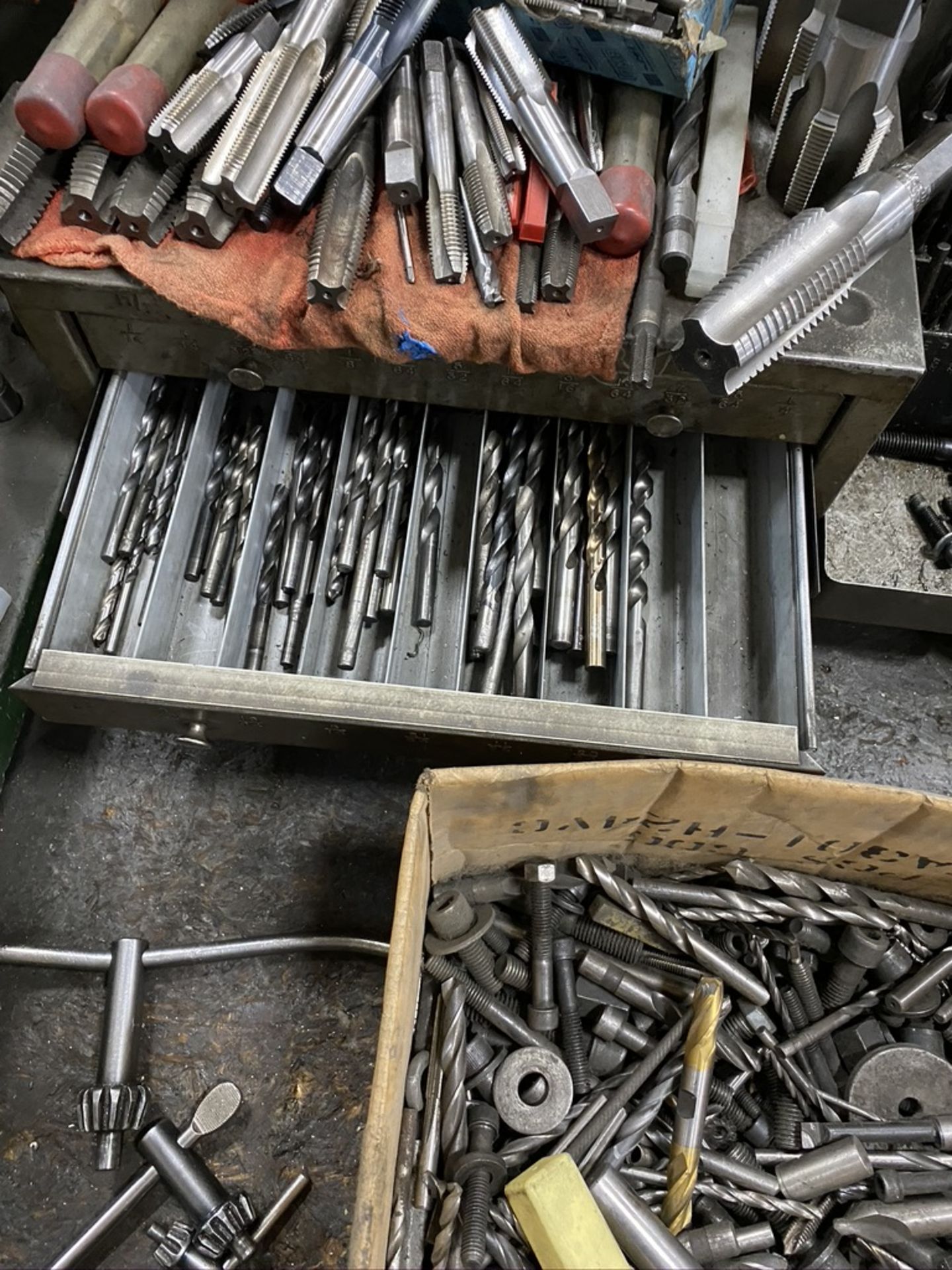 Lot of Various sized Mills, Drills, center punch ,taps, with wood table - Image 4 of 4