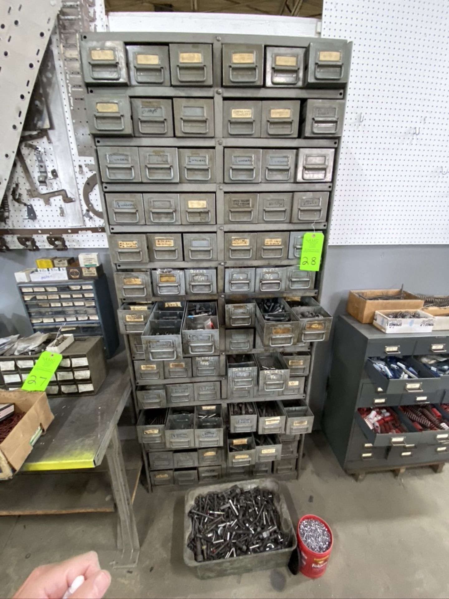 metal storage parts bin, and contents