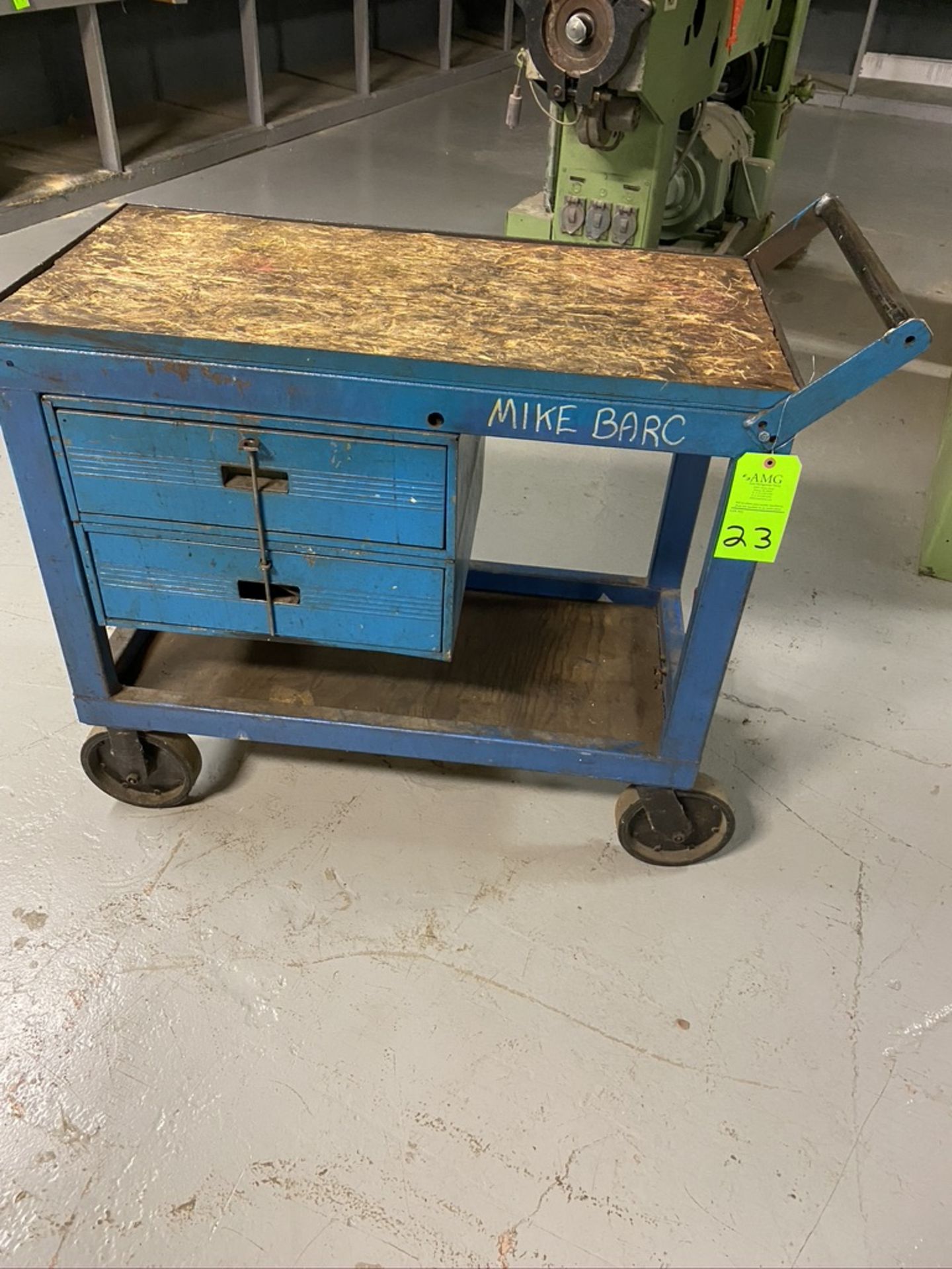 Lot of of metal rolling cart, with two drawer and wood top