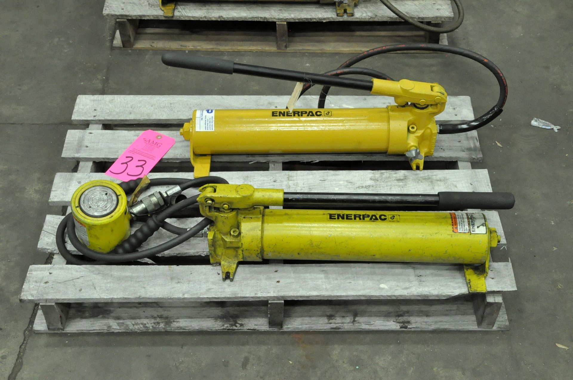 Lot-(2) Enerpac Portable Hydraulic Pumps with (1) Cylinder on (1) Pallet