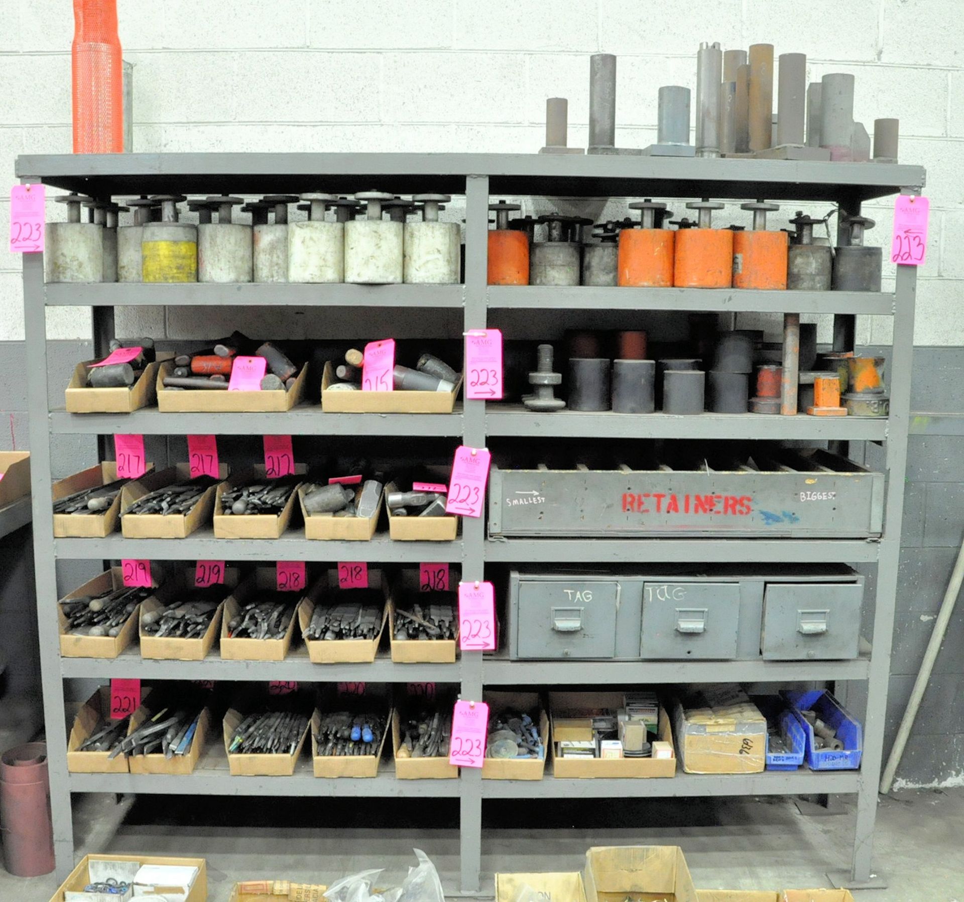 Lot-Die Stands, Retainers, Tags, Hardware, etc. on (7) Shelves with Shelving