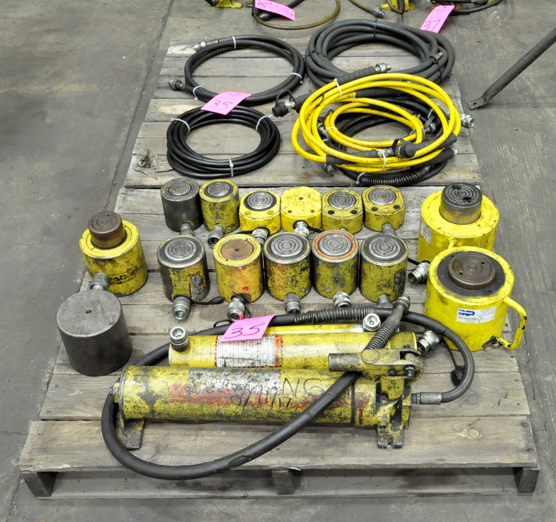 Lot-(2) Enerpac Hydraulic Pumps with Asst'd Cylinders and Hoses on (2) Pallets