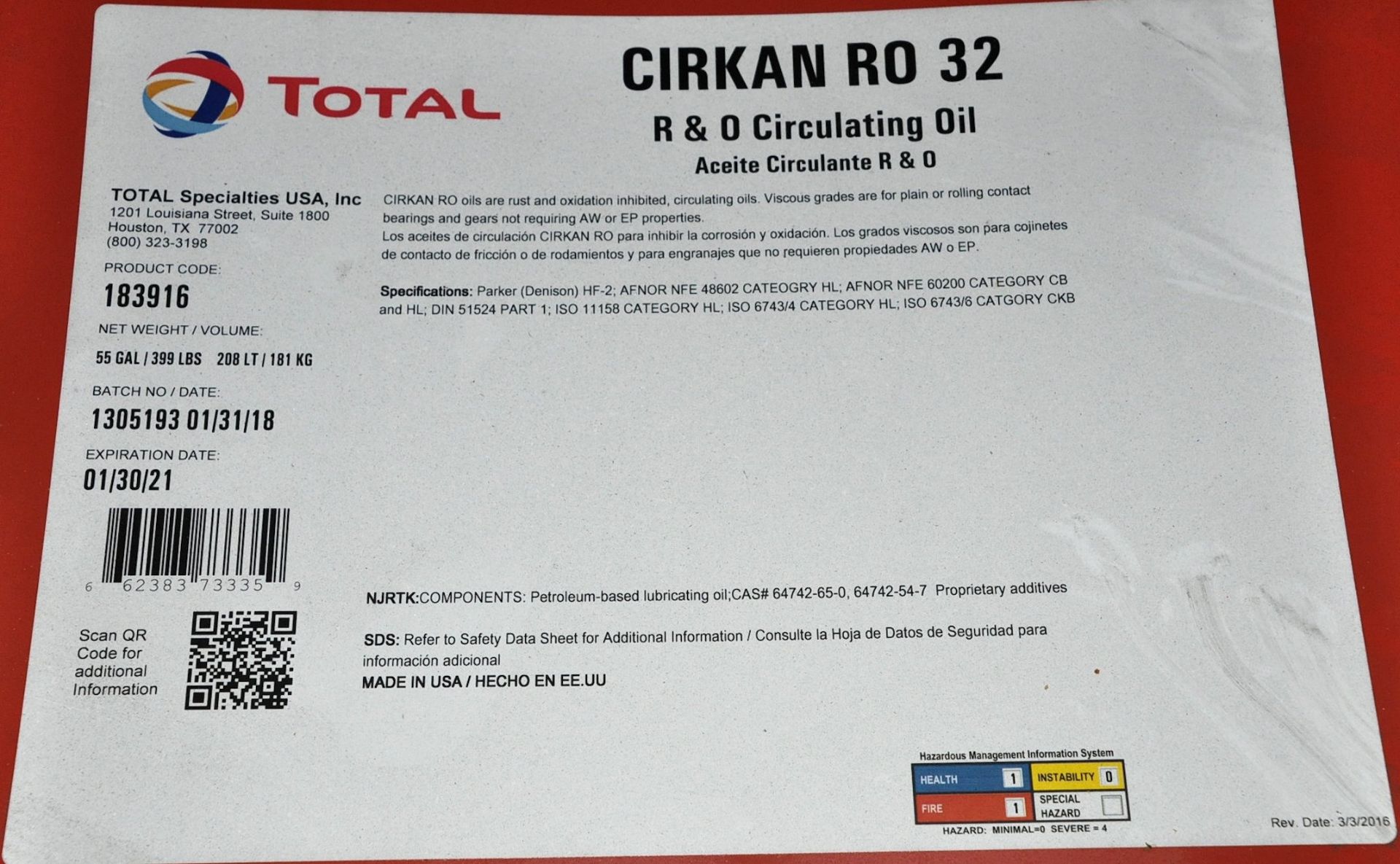 Lot-(2) 55-Gallon Drums of Total Cirkan RO 32 R & O Circulating Oil, (Oils Storage Building), (