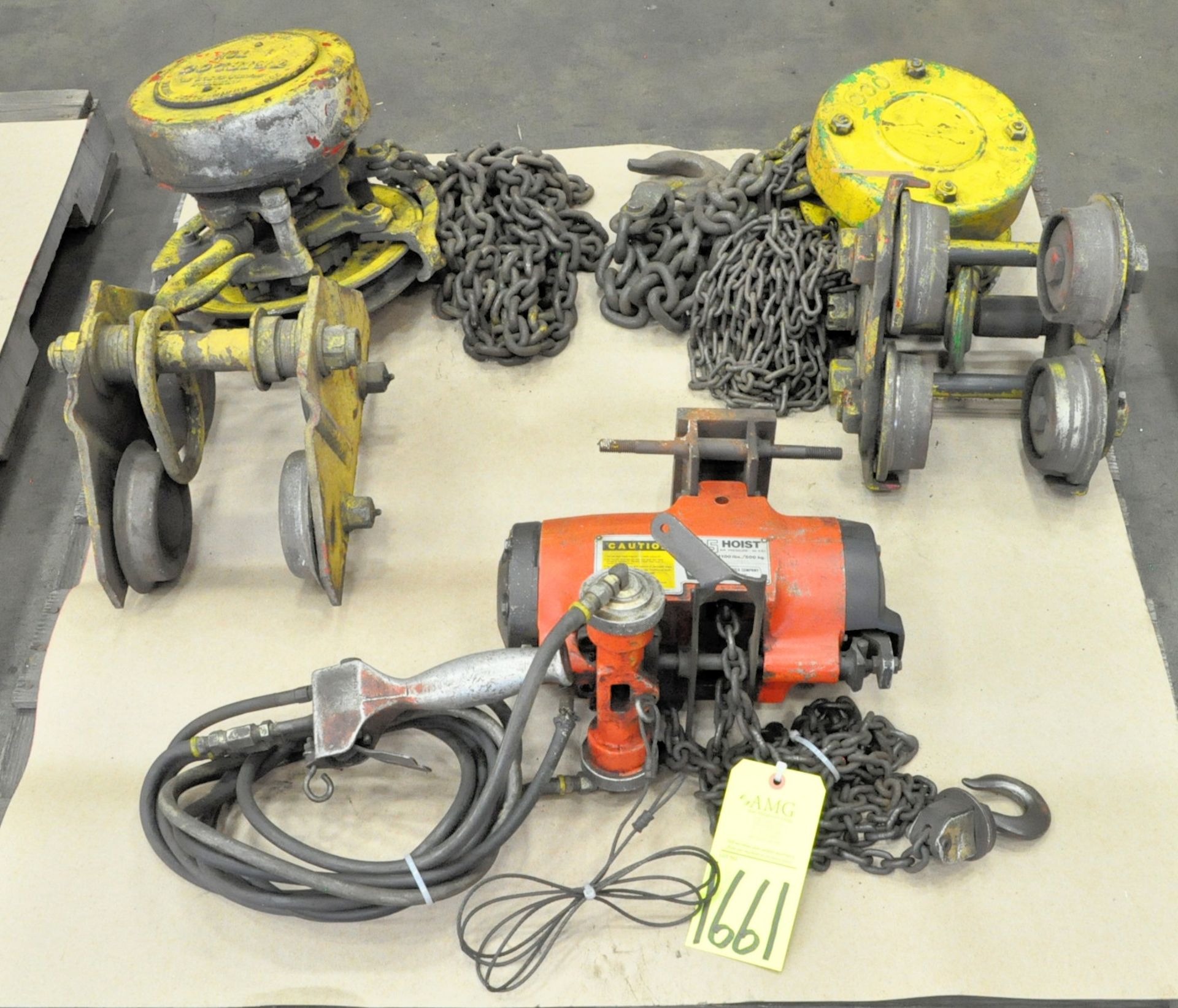 Lot-(1) Tribloc 1-Ton and (1) Approx. 1/2-Ton Chain Fall Hoists, with (1) Gardner Denver 1,100-