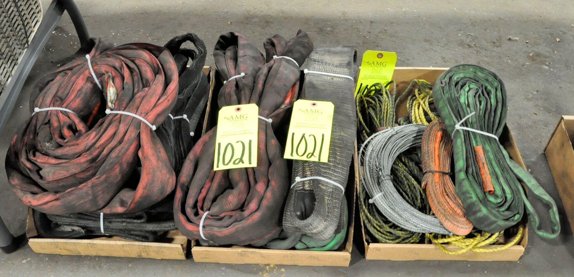 Lot-Cloth Lifting Slings in (3) Boxes on Floor Under (1) Table, (E-7), (Yellow Tag)