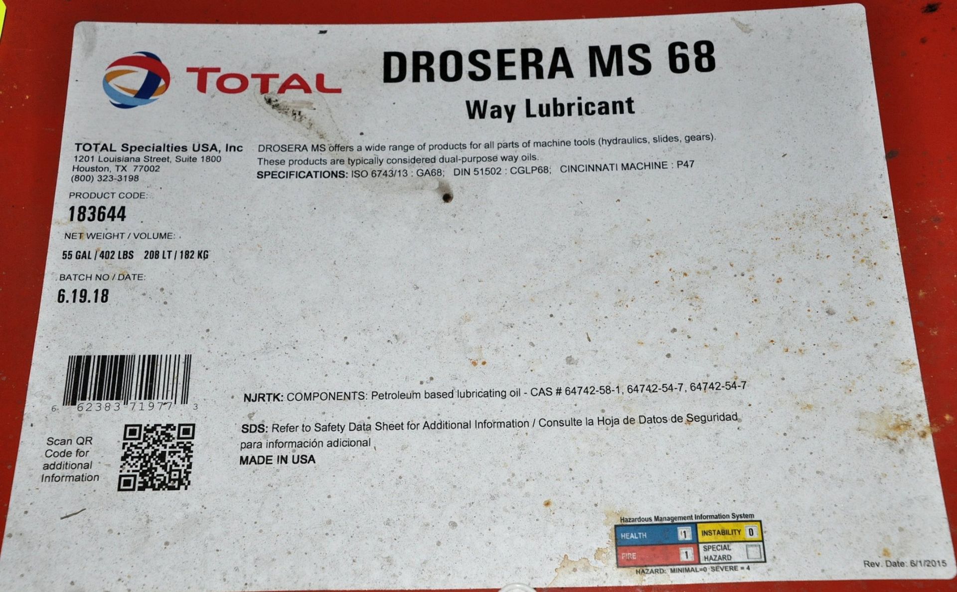 Lot-(2) 55-Gallon Drums of Total Drosera MS 68 Way Lubricant, (Oils Storage Building), (Yellow Tag) - Image 2 of 2