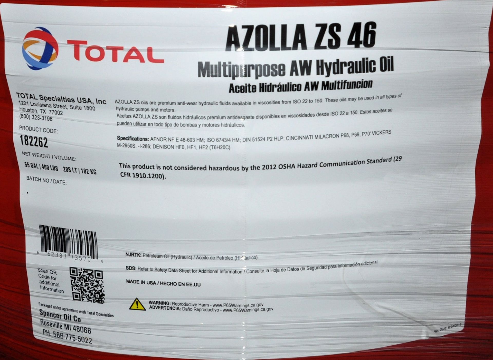 Lot-(4) 55-Gallon Drums of Total Azolla ZS 46 Multipurpose AW Hydraulic Oil on (1) Pallet, (Oils - Image 2 of 2