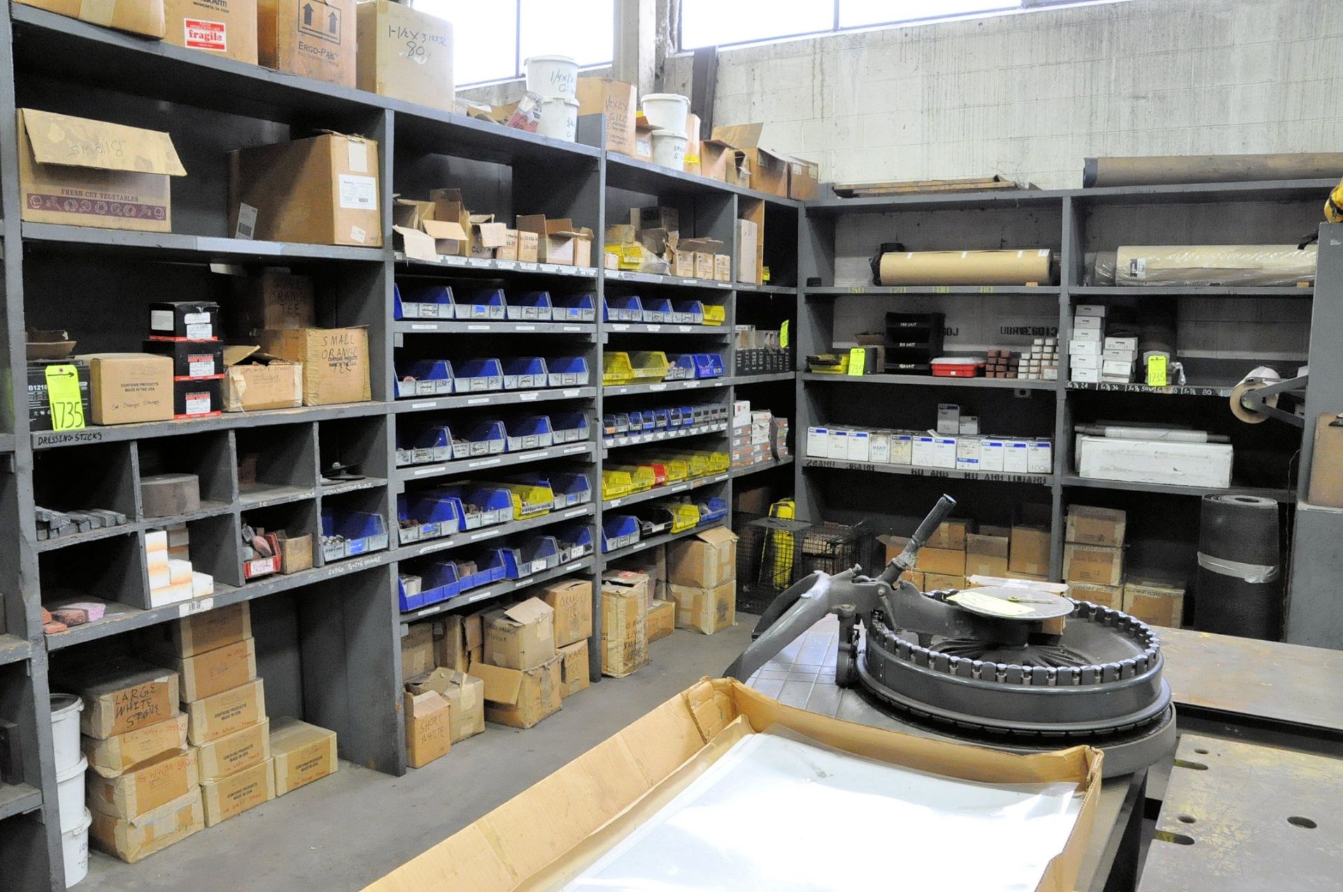 Lot-Grinding Stones, Sanding Supplies, etc. in (6) Sections and Top of Shelving Unit, (Shelving