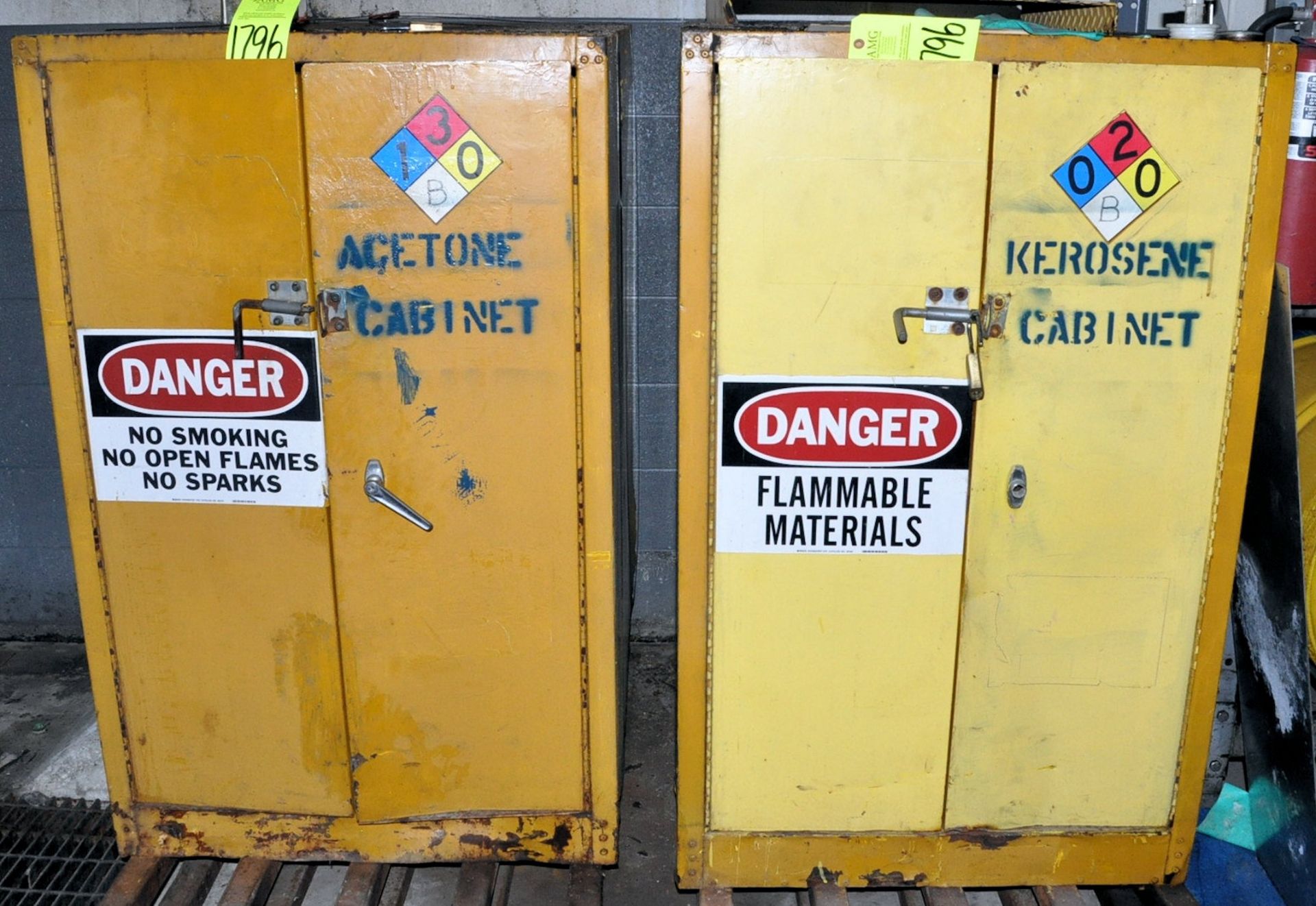 Lot-(2) 2-Door Drum Storage Safety Cabinets with Riser Pallets, (Oils Storage Building), (Yellow