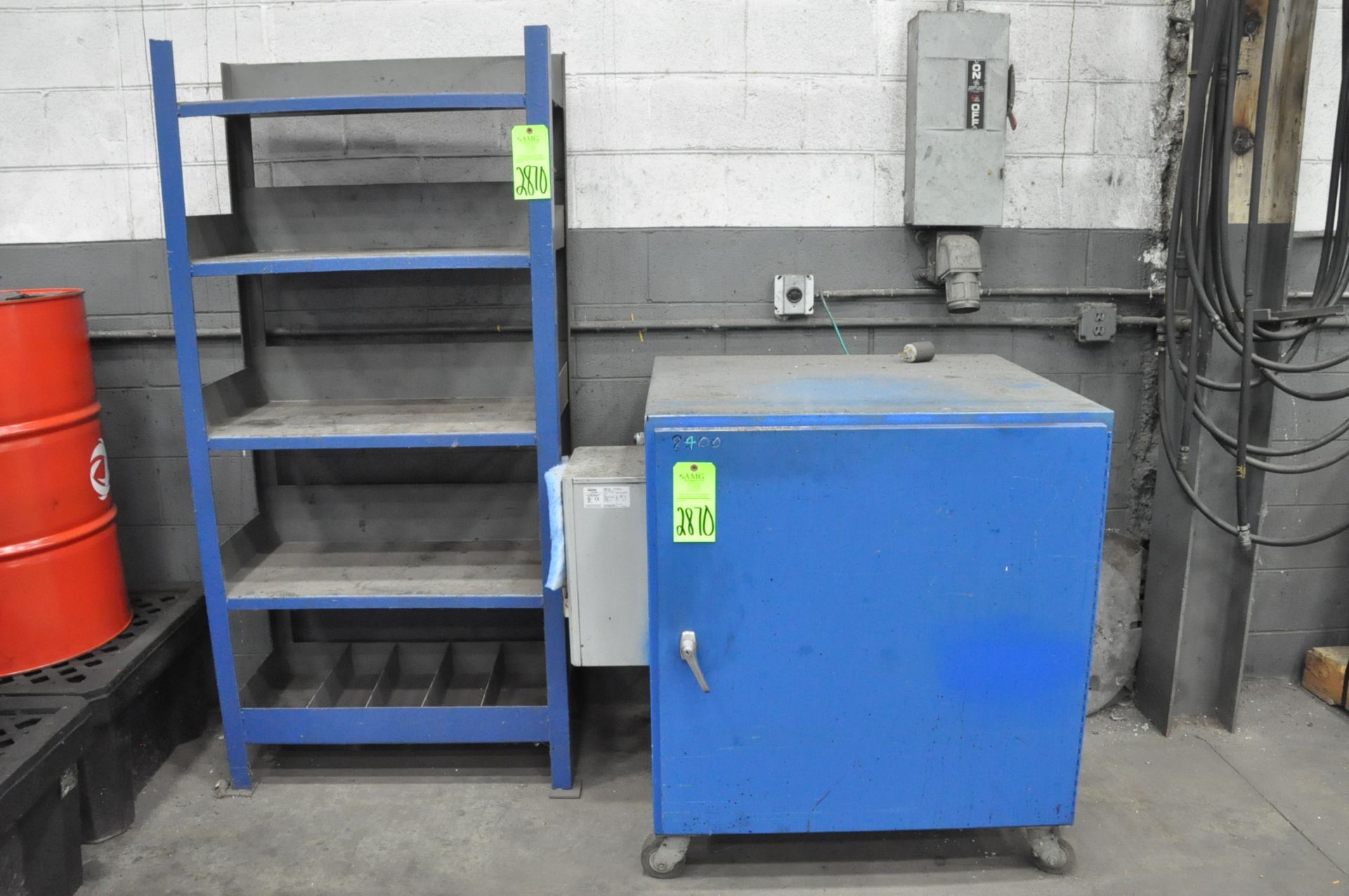 Lot-(1) Steel and (1) Wood Bench, (3) Shelving Units and (1) Blue Single Door Portable Storage Cabin - Image 2 of 4