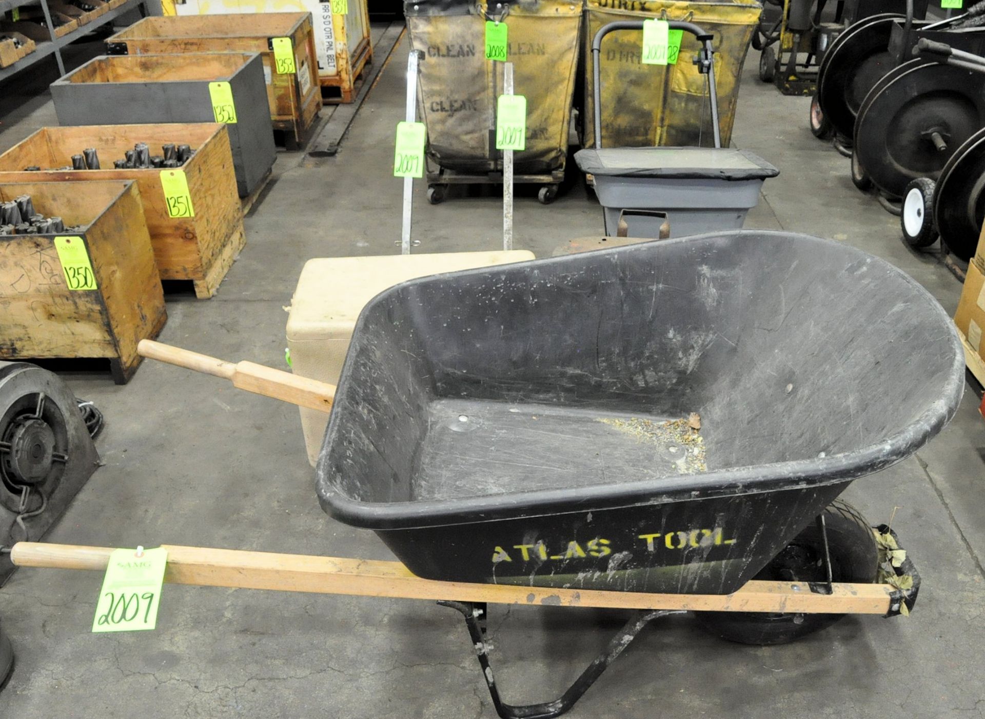 Lot-Wheelbarrow, Rag Safety Can, Seed Spreader, (2) Paint Line Stripers, and (1) Box of Vacuum Attac