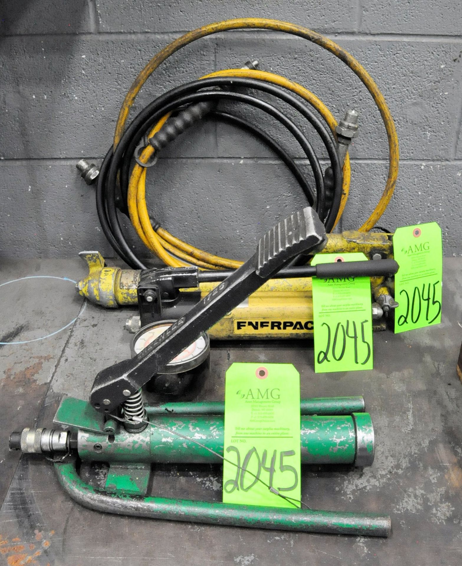 Lot-(1) Greenlee 1725 and (2) Enerpac Portable Hydraulic Pumps with Hose, (G-20), (Green Tag)