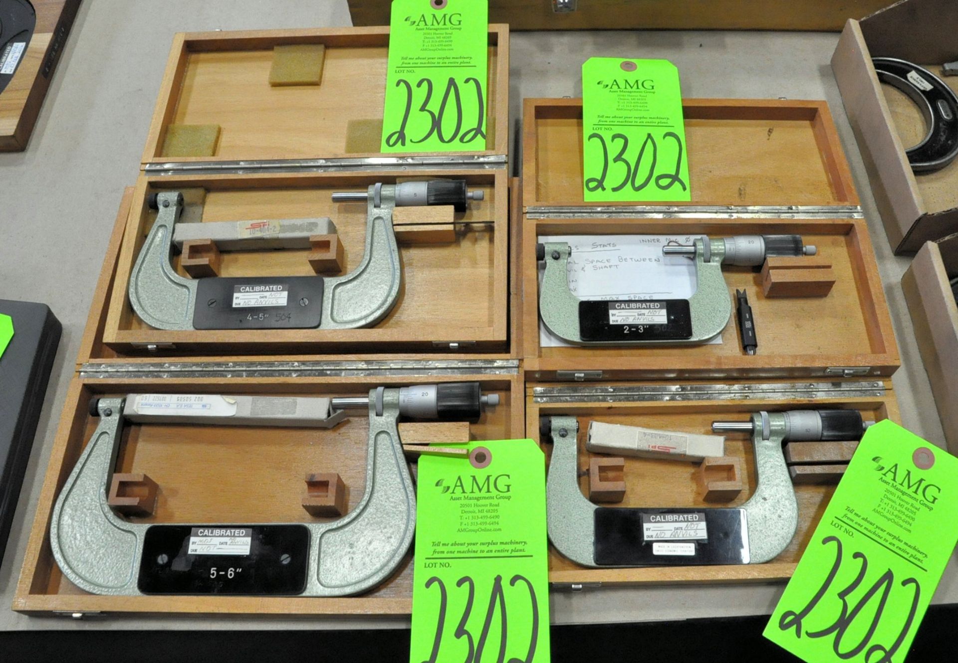 Lot-(1) 2-3", (1) 3-4", (1) 4-5", (1) 4-5" and (1) 5-6" Micrometers with Cases, (Tool Room), (Green