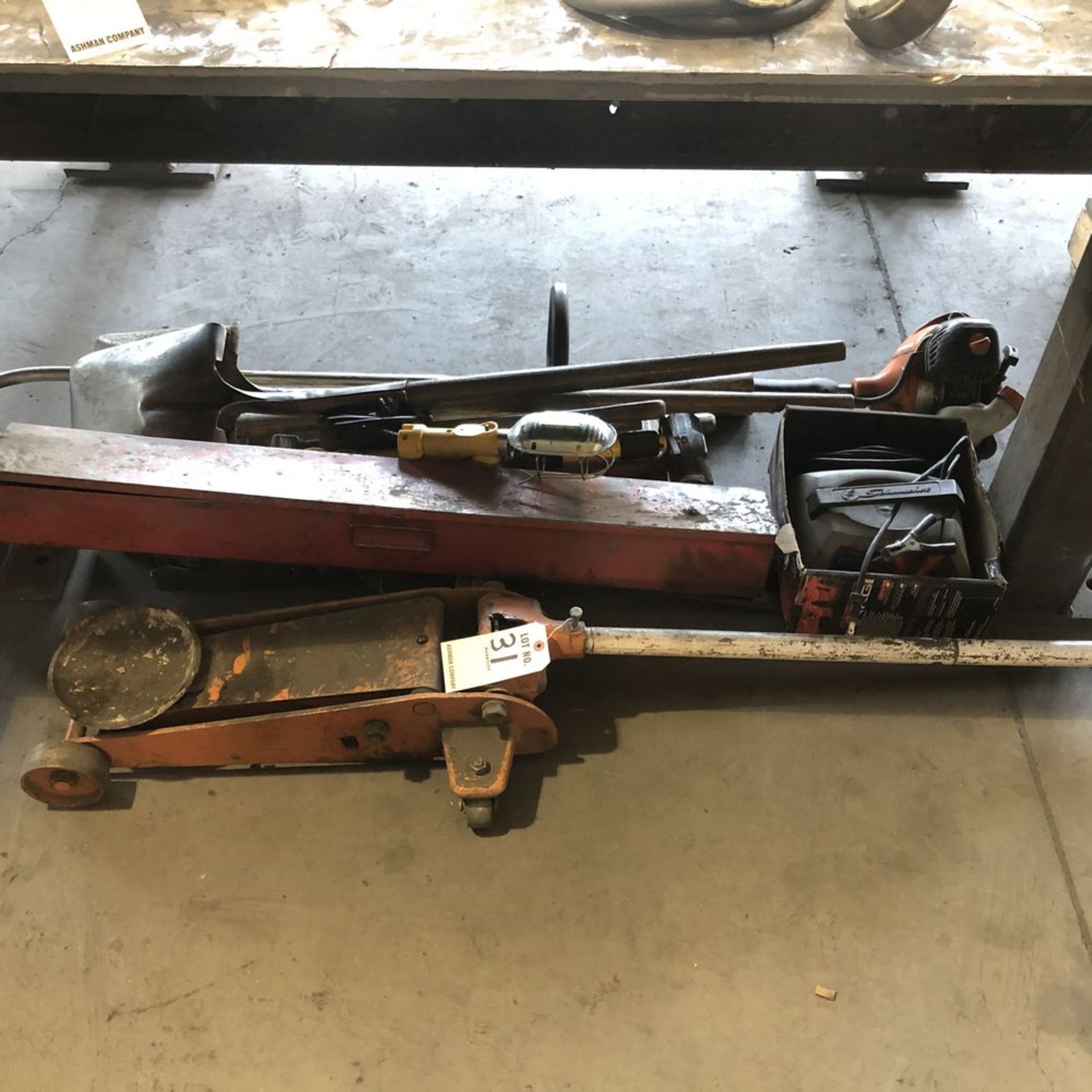 LOT: Misc. Floor Jacks, Shovel, Weed Whacker, Hammers, Battery Tender, Large Torque Wrench